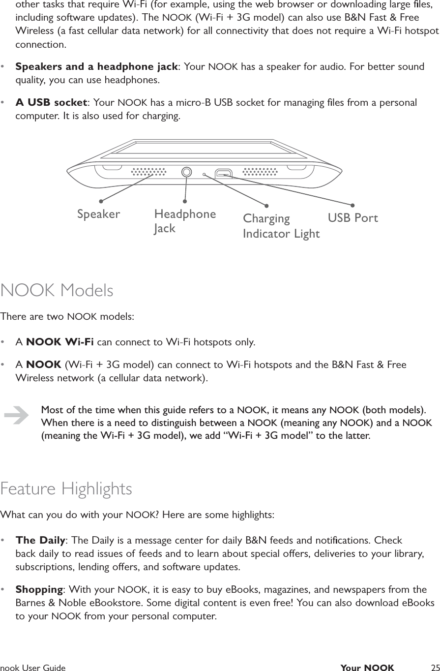  nook User Guide  Your NOOK 25other tasks that require Wi-Fi (for example, using the web browser or downloading large ﬁles, including software updates). The NOOK (Wi-Fi + 3G model) can also use B&amp;N Fast &amp; Free Wireless (a fast cellular data network) for all connectivity that does not require a Wi-Fi hotspot connection.•  Speakers and a headphone jack: Your NOOK has a speaker for audio. For better sound quality, you can use headphones.•  A USB socket: Your NOOK has a micro-B USB socket for managing ﬁles from a personal computer. It is also used for charging.HeadphoneJack USB PortSpeaker ChargingIndicator LightNOOK ModelsThere are two NOOK models:•  A NOOK Wi-Fi can connect to Wi-Fi hotspots only.•  A NOOK (Wi-Fi + 3G model) can connect to Wi-Fi hotspots and the B&amp;N Fast &amp; Free Wireless network (a cellular data network).Most of the time when this guide refers to a NOOK, it means any NOOK (both models). When there is a need to distinguish between a NOOK (meaning any NOOK) and a NOOK (meaning the Wi-Fi + 3G model), we add “Wi-Fi + 3G model” to the latter.Feature HighlightsWhat can you do with your NOOK? Here are some highlights:•  The Daily: The Daily is a message center for daily B&amp;N feeds and notiﬁcations. Check back daily to read issues of feeds and to learn about special oers, deliveries to your library, subscriptions, lending oers, and software updates.•  Shopping: With your NOOK, it is easy to buy eBooks, magazines, and newspapers from the Barnes &amp; Noble eBookstore. Some digital content is even free! You can also download eBooks to your NOOK from your personal computer.