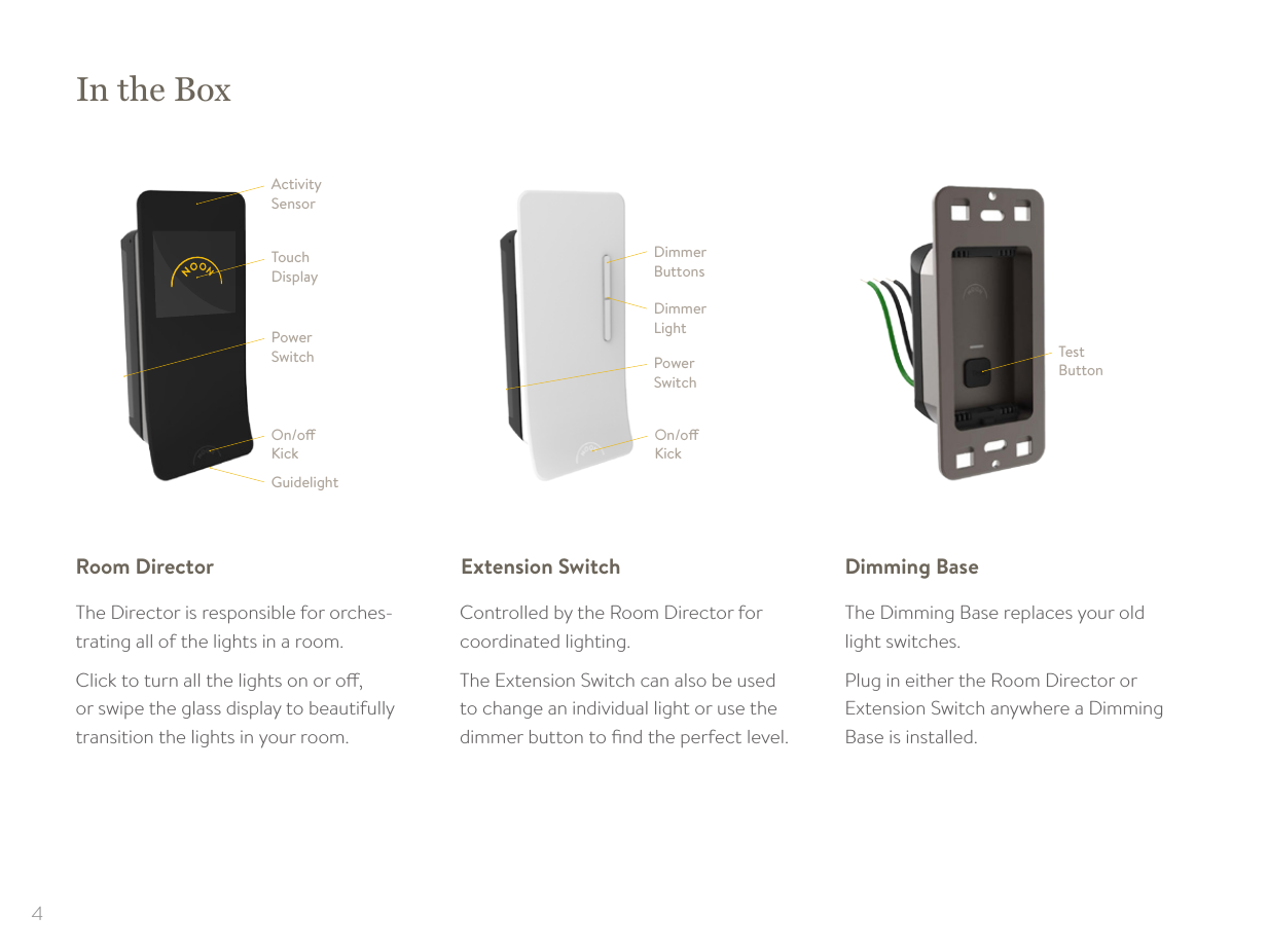 4In the BoxTest ButtonDimmer ButtonsDimmer LightOn/o KickPower SwitchActivity SensorTouch DisplayOn/o KickGuidelightPower SwitchThe Director is responsible for orches-trating all of the lights in a room. Click to turn all the lights on or o,  or swipe the glass display to beautifully  transition the lights in your room.Controlled by the Room Director for  coordinated lighting.The Extension Switch can also be used to change an individual light or use the dimmer button to ﬁnd the perfect level.The Dimming Base replaces your old  light switches.Plug in either the Room Director or  Extension Switch anywhere a Dimming Base is installed.Room Director Extension Switch Dimming Base