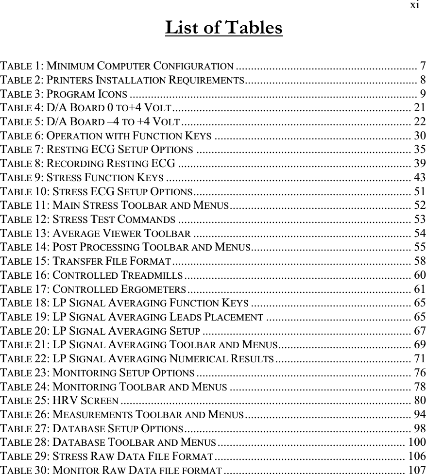   xi List of Tables  TABLE 1: MINIMUM COMPUTER CONFIGURATION............................................................ 7 TABLE 2: PRINTERS INSTALLATION REQUIREMENTS......................................................... 8 TABLE 3: PROGRAM ICONS............................................................................................... 9 TABLE 4: D/A BOARD 0 TO+4 VOLT............................................................................... 21 TABLE 5: D/A BOARD –4 TO +4 VOLT............................................................................ 22 TABLE 6: OPERATION WITH FUNCTION KEYS................................................................. 30 TABLE 7: RESTING ECG SETUP OPTIONS....................................................................... 35 TABLE 8: RECORDING RESTING ECG ............................................................................. 39 TABLE 9: STRESS FUNCTION KEYS................................................................................. 43 TABLE 10: STRESS ECG SETUP OPTIONS........................................................................ 51 TABLE 11: MAIN STRESS TOOLBAR AND MENUS............................................................ 52 TABLE 12: STRESS TEST COMMANDS............................................................................. 53 TABLE 13: AVERAGE VIEWER TOOLBAR........................................................................ 54 TABLE 14: POST PROCESSING TOOLBAR AND MENUS..................................................... 55 TABLE 15: TRANSFER FILE FORMAT............................................................................... 58 TABLE 16: CONTROLLED TREADMILLS........................................................................... 60 TABLE 17: CONTROLLED ERGOMETERS.......................................................................... 61 TABLE 18: LP SIGNAL AVERAGING FUNCTION KEYS..................................................... 65 TABLE 19: LP SIGNAL AVERAGING LEADS PLACEMENT................................................ 65 TABLE 20: LP SIGNAL AVERAGING SETUP..................................................................... 67 TABLE 21: LP SIGNAL AVERAGING TOOLBAR AND MENUS............................................ 69 TABLE 22: LP SIGNAL AVERAGING NUMERICAL RESULTS............................................. 71 TABLE 23: MONITORING SETUP OPTIONS....................................................................... 76 TABLE 24: MONITORING TOOLBAR AND MENUS............................................................ 78 TABLE 25: HRV SCREEN................................................................................................ 80 TABLE 26: MEASUREMENTS TOOLBAR AND MENUS....................................................... 94 TABLE 27: DATABASE SETUP OPTIONS........................................................................... 98 TABLE 28: DATABASE TOOLBAR AND MENUS.............................................................. 100 TABLE 29: STRESS RAW DATA FILE FORMAT............................................................... 106 TABLE 30: MONITOR RAW DATA FILE FORMAT............................................................ 107  