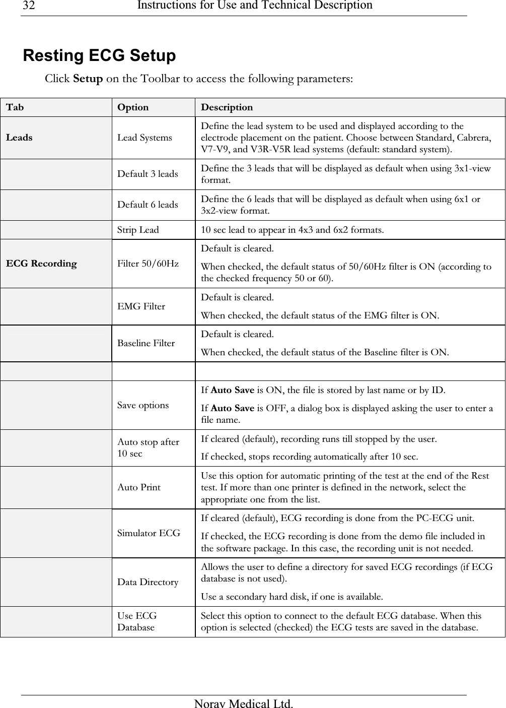  Instructions for Use and Technical Description  Norav Medical Ltd. 32Resting ECG Setup  Click Setup on the Toolbar to access the following parameters:  Tab Option  Description Leads  Lead Systems Define the lead system to be used and displayed according to the electrode placement on the patient. Choose between Standard, Cabrera, V7-V9, and V3R-V5R lead systems (default: standard system).  Default 3 leads Define the 3 leads that will be displayed as default when using 3x1-view format.  Default 6 leads Define the 6 leads that will be displayed as default when using 6x1 or 3x2-view format.  Strip Lead 10 sec lead to appear in 4x3 and 6x2 formats. ECG Recording Filter 50/60Hz Default is cleared. When checked, the default status of 50/60Hz filter is ON (according to the checked frequency 50 or 60).   EMG Filter Default is cleared. When checked, the default status of the EMG filter is ON.  Baseline Filter Default is cleared. When checked, the default status of the Baseline filter is ON.       Save options  If Auto Save is ON, the file is stored by last name or by ID. If Auto Save is OFF, a dialog box is displayed asking the user to enter a file name.    Auto stop after 10 sec  If cleared (default), recording runs till stopped by the user.  If checked, stops recording automatically after 10 sec.  Auto Print Use this option for automatic printing of the test at the end of the Rest test. If more than one printer is defined in the network, select the appropriate one from the list.  Simulator ECG If cleared (default), ECG recording is done from the PC-ECG unit. If checked, the ECG recording is done from the demo file included in the software package. In this case, the recording unit is not needed.  Data Directory  Allows the user to define a directory for saved ECG recordings (if ECG database is not used). Use a secondary hard disk, if one is available.  Use ECG Database Select this option to connect to the default ECG database. When this option is selected (checked) the ECG tests are saved in the database. 