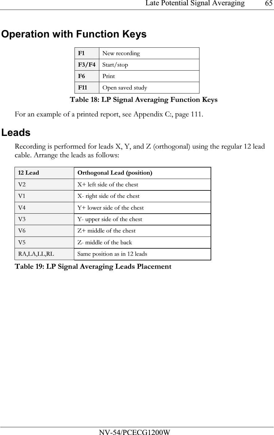 Late Potential Signal Averaging           NV-54/PCECG1200W 65Operation with Function Keys  F1 New recording F3/F4 Start/stop F6 Print F11 Open saved study Table 18: LP Signal Averaging Function Keys For an example of a printed report, see  Appendix C:, page 111. Leads Recording is performed for leads X, Y, and Z (orthogonal) using the regular 12 lead cable. Arrange the leads as follows:  12 Lead Orthogonal Lead (position) V2 X+ left side of the chest V1 X- right side of the chest V4 Y+ lower side of the chest V3 Y- upper side of the chest V6 Z+ middle of the chest V5 Z- middle of the back RA,LA,LL,RL  Same position as in 12 leads Table 19: LP Signal Averaging Leads Placement 