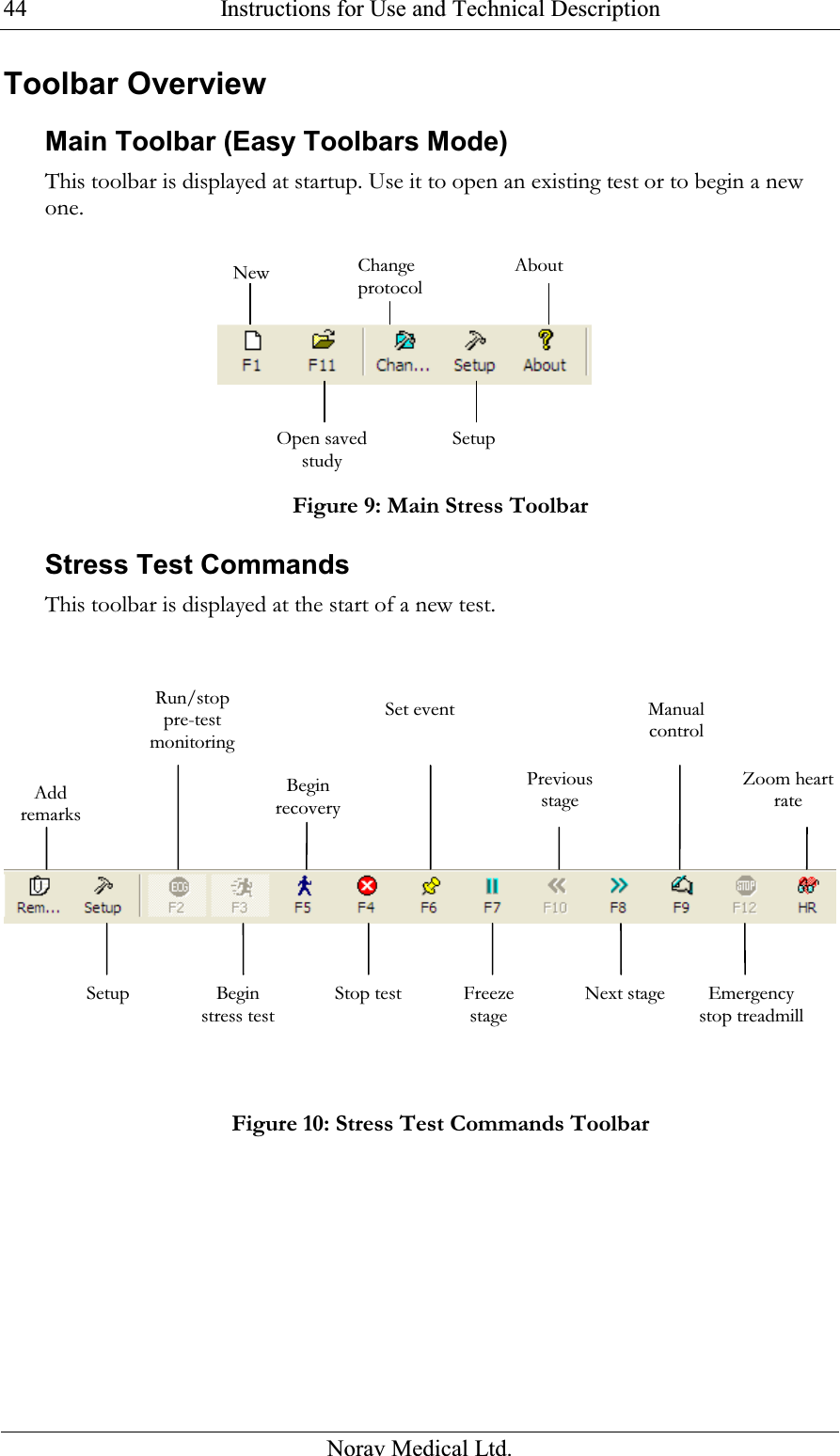  Instructions for Use and Technical Description  Norav Medical Ltd. 44Toolbar Overview Main Toolbar (Easy Toolbars Mode) This toolbar is displayed at startup. Use it to open an existing test or to begin a new one.  Figure 9: Main Stress Toolbar Stress Test Commands This toolbar is displayed at the start of a new test.   Figure 10: Stress Test Commands Toolbar New Change protocol About Open saved study Setup Add remarks Run/stop pre-test monitoring Begin recovery Set eventPrevious stage Manual control Zoom heart rate Setup  Begin stress testStop test  Freeze stage Next stageEmergency stop treadmill