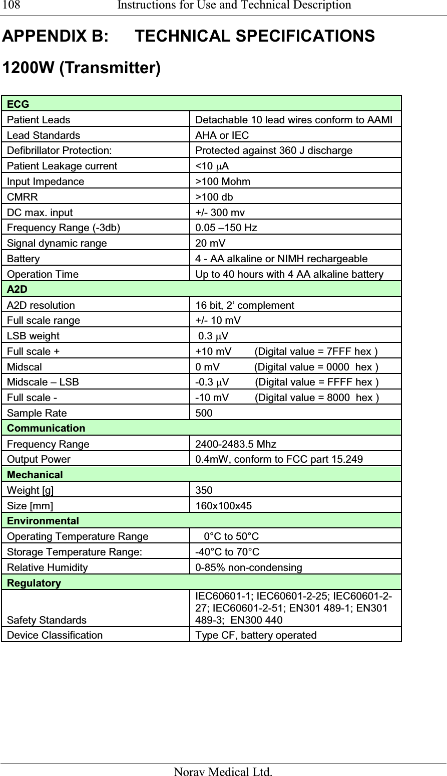  Instructions for Use and Technical Description  Norav Medical Ltd. 108APPENDIX B:  TECHNICAL SPECIFICATIONS 1200W (Transmitter)  ECG    Patient Leads Detachable 10 lead wires conform to AAMI Lead Standards AHA or IEC Defibrillator Protection: Protected against 360 J discharge Patient Leakage current  &lt;10 µA Input Impedance  &gt;100 Mohm CMRR  &gt;100 db DC max. input   +/- 300 mv Frequency Range (-3db) 0.05 –150 Hz Signal dynamic range 20 mV Battery 4 - AA alkaline or NIMH rechargeable Operation Time   Up to 40 hours with 4 AA alkaline battery A2D    A2D resolution 16 bit, 2‘ complement Full scale range  +/- 10 mV LSB weight   0.3 µV Full scale +  +10 mV        (Digital value = 7FFF hex ) Midscal 0 mV            (Digital value = 0000  hex ) Midscale – LSB   -0.3 µV         (Digital value = FFFF hex )  Full scale - -10 mV         (Digital value = 8000  hex ) Sample Rate  500 Communication    Frequency Range 2400-2483.5 Mhz Output Power 0.4mW, conform to FCC part 15.249 Mechanical    Weight [g]  350 Size [mm]  160x100x45 Environmental    Operating Temperature Range    0°C to 50°C Storage Temperature Range: -40°C to 70°C Relative Humidity 0-85% non-condensing Regulatory    Safety Standards IEC60601-1; IEC60601-2-25; IEC60601-2-27; IEC60601-2-51; EN301 489-1; EN301 489-3;  EN300 440 Device Classification Type CF, battery operated      