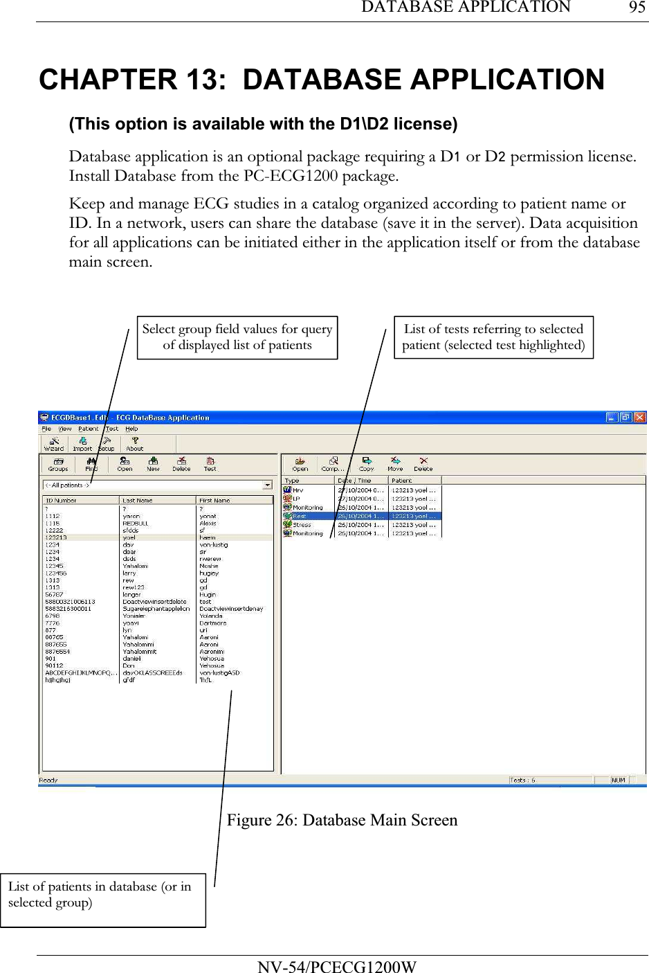 DATABASE APPLICATION           NV-54/PCECG1200W 95CHAPTER 13:  DATABASE APPLICATION (This option is available with the D1\D2 license) Database application is an optional package requiring a D1 or D2 permission license. Install Database from the PC-ECG1200 package. Keep and manage ECG studies in a catalog organized according to patient name or ID. In a network, users can share the database (save it in the server). Data acquisition for all applications can be initiated either in the application itself or from the database main screen.       Figure 26: Database Main Screen Select group field values for query of displayed list of patients List of tests referring to selected patient (selected test highlighted)   List of patients in database (or in     selected group) 