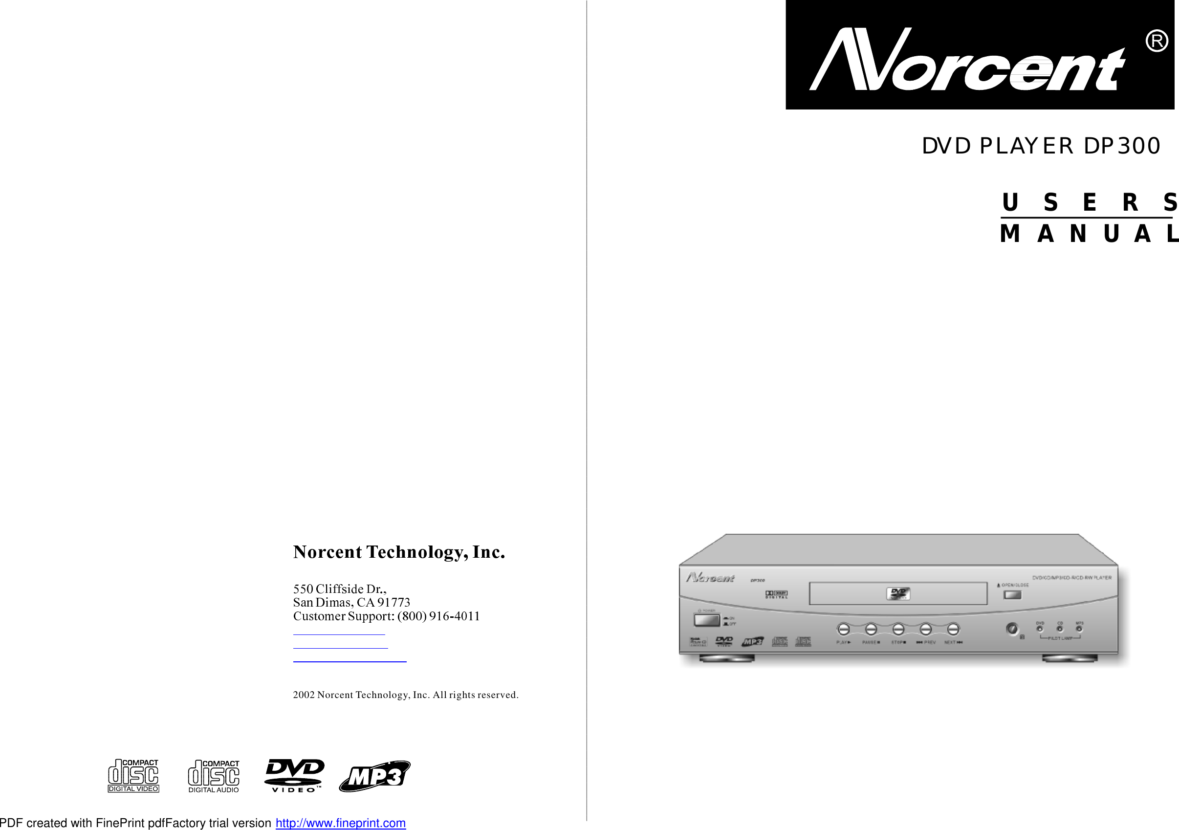 Page 1 of 12 - Norcent-Technologies Norcent-Technologies-Norcent-Dp300-Users-Manual- DP300说明书8.0  Norcent-technologies-norcent-dp300-users-manual