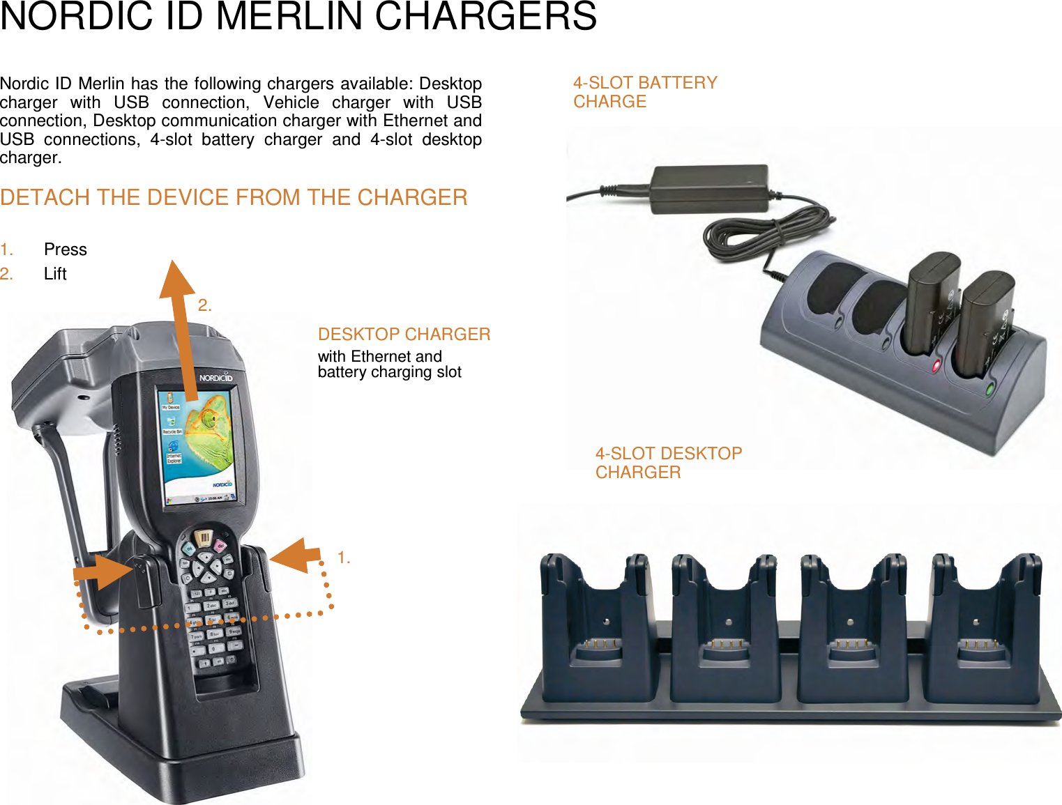 NORDIC ID MERLIN CHARGERS   Nordic ID Merlin has the following chargers available: Desktop charger  with  USB  connection,  Vehicle  charger  with  USB connection, Desktop communication charger with Ethernet and USB  connections,  4-slot  battery  charger  and  4-slot  desktop charger.  DETACH THE DEVICE FROM THE CHARGER 1.  Press 2.  Lift                                     DESKTOP CHARGER  with Ethernet and  battery charging slot 4-SLOT BATTERY CHARGE 4-SLOT DESKTOP CHARGER 1. 2. 
