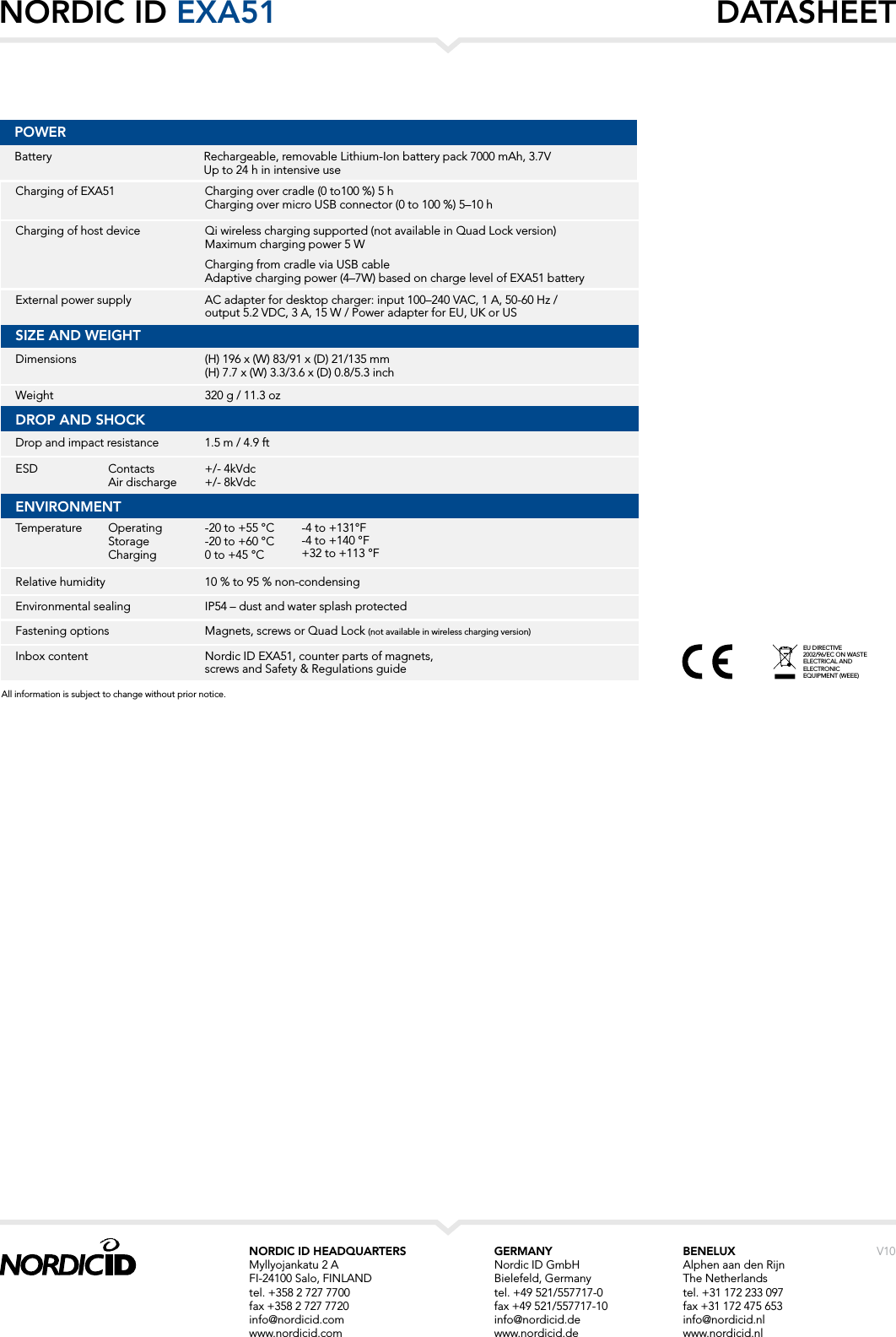 EU DIRECTIVE 2002/96/EC ON WASTE ELECTRICAL AND ELECTRONIC EQUIPMENT (WEEE)GERMANYNordic ID GmbHBielefeld, Germanytel. +49 521/557717-0fax +49 521/557717-10info@nordicid.dewww.nordicid.deBENELUXAlphen aan den Rijn The Netherlandstel. +31 172 233 097fax +31 172 475 653info@nordicid.nlwww.nordicid.nlNORDIC ID HEADQUARTERSMyllyojankatu 2 AFI-24100 Salo, FINLANDtel. +358 2 727 7700fax +358 2 727 7720 info@nordicid.comwww.nordicid.comV10SIZE AND WEIGHTDimensions (H) 196 x (W) 83/91 x (D) 21/135 mm(H) 7.7 x (W) 3.3/3.6 x (D) 0.8/5.3 inchWeight 320 g / 11.3 ozAll information is subject to change without prior notice.+/- 4kVdc +/- 8kVdc ESD ContactsAir dischargeRelative humidityEnvironmental sealingFastening optionsInbox content10 % to 95 % non-condensing-20 to +55 °C  -20 to +60 °C 0 to +45 °C IP54 – dust and water splash protectedMagnets, screws or Quad Lock (not available in wireless charging version)Nordic ID EXA51, counter parts of magnets, screws and Safety &amp; Regulations guideTemperature OperatingStorageChargingENVIRONMENTDrop and impact resistance 1.5 m / 4.9 ftDROP AND SHOCKPOWERBattery Rechargeable, removable Lithium-Ion battery pack 7000 mAh, 3.7VUp to 24 h in intensive useCharging of EXA51Charging of host deviceCharging over cradle (0 to100 %) 5 h Charging over micro USB connector (0 to 100 %) 5–10 hQi wireless charging supported (not available in Quad Lock version)Maximum charging power 5 WCharging from cradle via USB cableAdaptive charging power (4–7W) based on charge level of EXA51 batteryExternal power supply AC adapter for desktop charger: input 100–240 VAC, 1 A, 50-60 Hz / output 5.2 VDC, 3 A, 15 W / Power adapter for EU, UK or USDATASHEET -4 to +131°F -4 to +140 °F +32 to +113 °F NORDIC ID EXA51