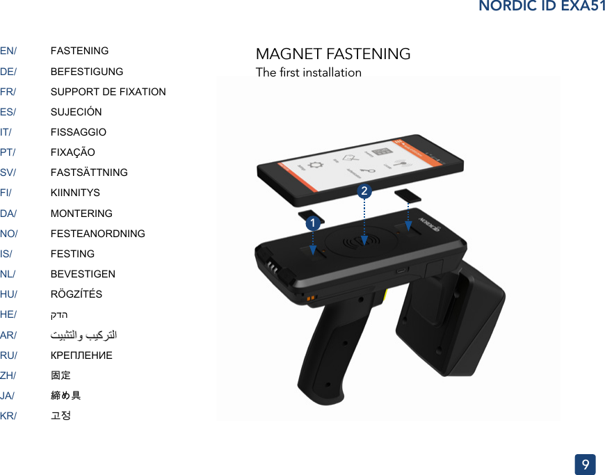 EN/DE/FR/ES/IT/PT/SV/FI/DA/NO/IS/NL/HU/HE/AR/RU/ZH/JA/KR/9FASTENINGBEFESTIGUNGSUPPORT DE FIXATIONSUJECIÓN FISSAGGIOFIXAÇÃOFASTSÄTTNINGKIINNITYSMONTERINGFESTEANORDNINGFESTING BEVESTIGENRÖGZÍTÉS קדהКРЕПЛЕНИЕ固定締め具고정NORDIC ID EXA5112The ﬁrst installationMAGNET FASTENING