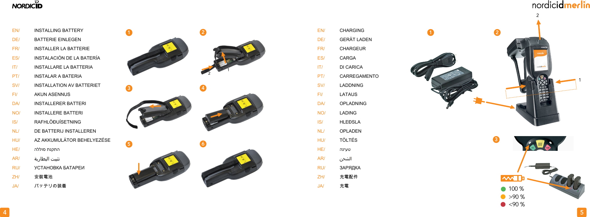 EN/DE/FR/ES/IT/PT/SV/FI/DA/NO/IS/NL/HU/HE/AR/RU/ZH/JA/EN/DE/FR/ES/IT/PT/SV/FI/DA/NO/IS/NL/HU/HE/AR/RU/ZH/JA/124 53&lt;90 %&gt;90 %100 %1 212135246CHARGINGGERÄT LADENCHARGEURCARGADI CARICACARREGAMENTOLADDNINGLATAUS OPLADNINGLADINGHLEÐSLAOPLADENTÖLTÉSהניעטЗАРЯДКА充電配件充電INSTALLING BATTERYBATTERIE EINLEGENINSTALLER LA BATTERIEINSTALACIÓN DE LA BATERÍAINSTALLARE LA BATTERIAINSTALAR A BATERIAINSTALLATION AV BATTERIETAKUN ASENNUSINSTALLERER BATTERIINSTALLERE BATTERIRAFHLÖÐUÍSETNINGDE BATTERIJ INSTALLERENAZ AKKUMULÁTOR BEHELYEZÉSEהללוס תנקתהУСТАНОВКА БАТАРЕИ安裝電池バッテリの装着