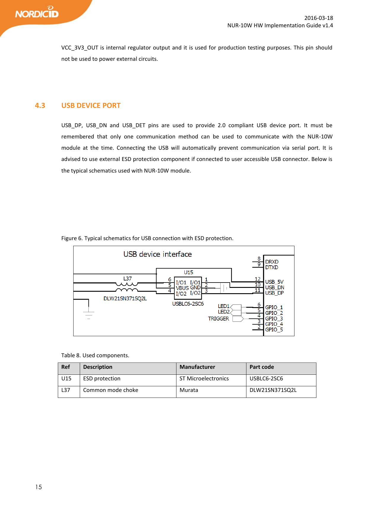  15  2016-03-18 NUR-10W HW Implementation Guide v1.4  VCC_3V3_OUT is internal regulator output and it is used for production testing purposes. This pin should not be used to power external circuits.    4.3   USB DEVICE PORT  USB_DP,  USB_DN  and  USB_DET  pins  are  used  to  provide  2.0  compliant  USB  device  port.  It  must  be remembered  that  only  one  communication  method  can  be  used  to  communicate  with  the  NUR-10W module  at  the  time.  Connecting  the  USB  will  automatically  prevent  communication  via  serial  port.  It  is advised to use external ESD protection component if connected to user accessible USB connector. Below is the typical schematics used with NUR-10W module.      Figure 6. Typical schematics for USB connection with ESD protection.   Table 8. Used components. Ref Description Manufacturer Part code U15 ESD protection ST Microelectronics USBLC6-2SC6 L37 Common mode choke Murata DLW21SN371SQ2L  