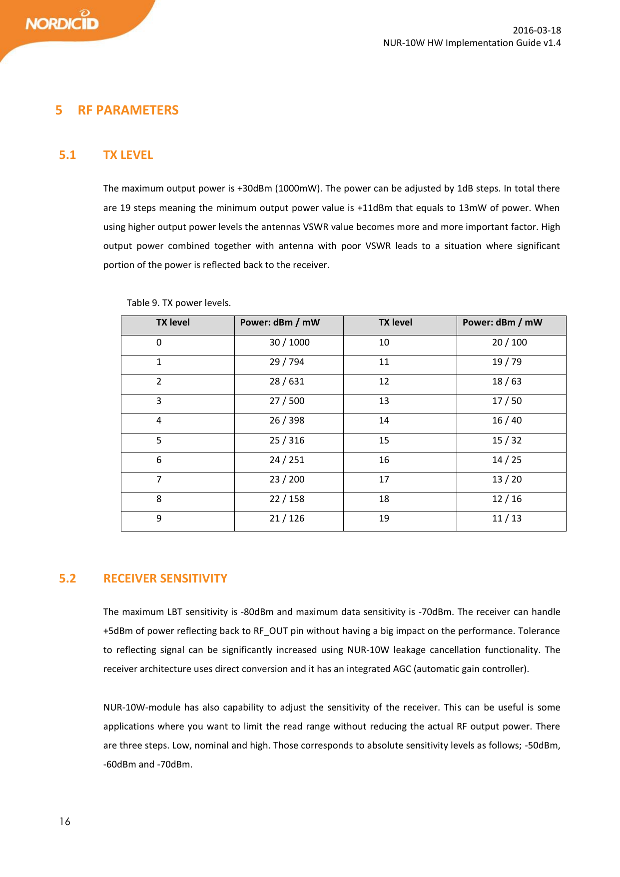  16  2016-03-18 NUR-10W HW Implementation Guide v1.4   5 RF PARAMETERS  5.1   TX LEVEL  The maximum output power is +30dBm (1000mW). The power can be adjusted by 1dB steps. In total there are 19 steps meaning the minimum output power value is +11dBm that equals to 13mW of power. When using higher output power levels the antennas VSWR value becomes more and more important factor. High output  power  combined  together  with  antenna  with  poor  VSWR  leads  to  a  situation  where  significant portion of the power is reflected back to the receiver.     Table 9. TX power levels. TX level Power: dBm / mW TX level Power: dBm / mW 0 30 / 1000 10 20 / 100 1 29 / 794 11 19 / 79 2 28 / 631 12 18 / 63 3 27 / 500 13 17 / 50 4 26 / 398 14 16 / 40 5 25 / 316 15 15 / 32 6 24 / 251 16 14 / 25 7 23 / 200 17 13 / 20 8 22 / 158 18 12 / 16 9 21 / 126 19 11 / 13   5.2   RECEIVER SENSITIVITY  The maximum LBT sensitivity is -80dBm and maximum data sensitivity is -70dBm. The receiver can handle +5dBm of power reflecting back to RF_OUT pin without having a big impact on the performance. Tolerance to  reflecting  signal  can  be  significantly  increased  using  NUR-10W  leakage  cancellation  functionality.  The receiver architecture uses direct conversion and it has an integrated AGC (automatic gain controller).  NUR-10W-module  has  also  capability  to adjust the  sensitivity  of  the receiver. This can  be  useful is  some applications where you want to limit the read range without reducing the actual RF output power. There are three steps. Low, nominal and high. Those corresponds to absolute sensitivity levels as follows; -50dBm, -60dBm and -70dBm.  