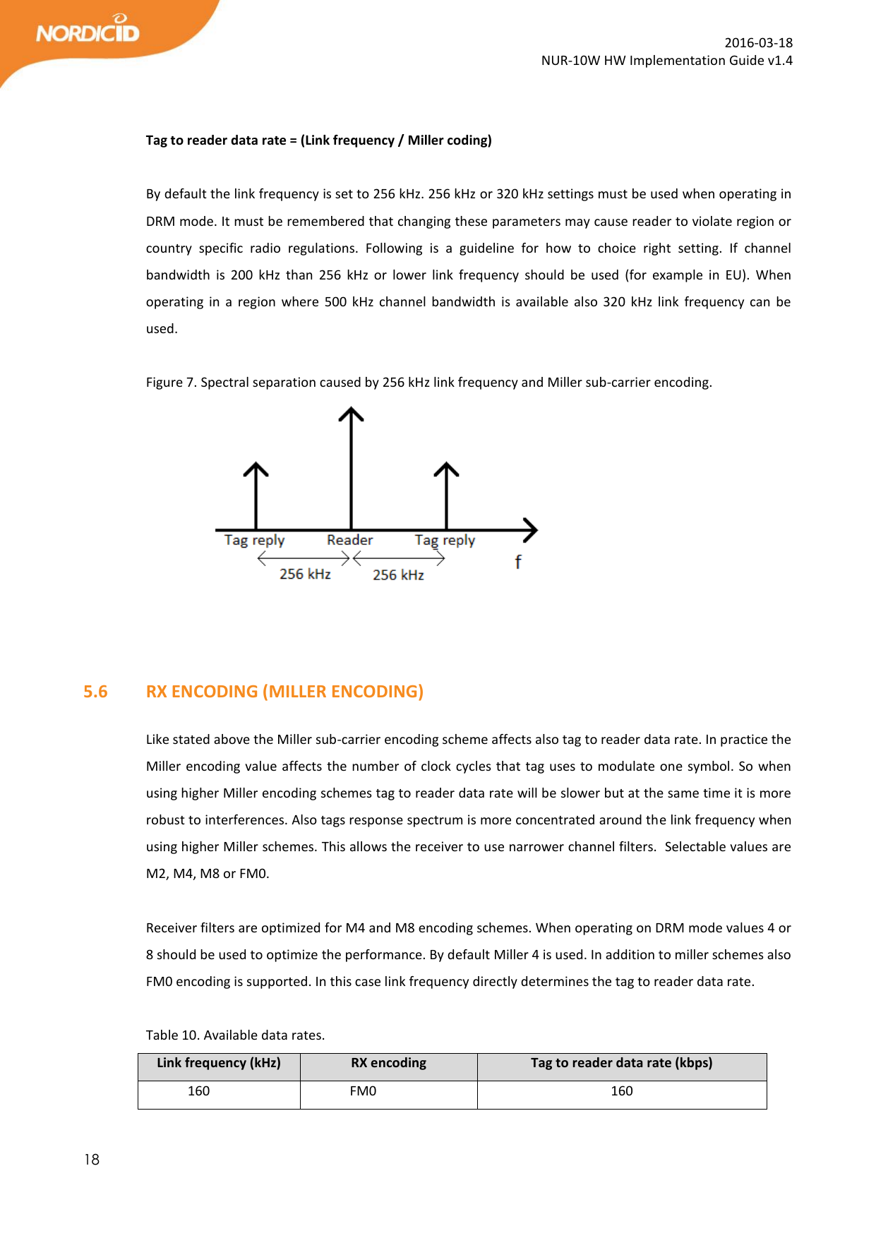  18  2016-03-18 NUR-10W HW Implementation Guide v1.4   Tag to reader data rate = (Link frequency / Miller coding)  By default the link frequency is set to 256 kHz. 256 kHz or 320 kHz settings must be used when operating in DRM mode. It must be remembered that changing these parameters may cause reader to violate region or country  specific  radio  regulations.  Following  is  a  guideline  for  how  to  choice  right  setting.  If  channel bandwidth  is  200  kHz  than  256  kHz  or  lower  link  frequency  should  be  used  (for  example  in  EU).  When operating  in  a  region  where  500  kHz  channel  bandwidth  is  available  also 320  kHz link  frequency  can  be used.   Figure 7. Spectral separation caused by 256 kHz link frequency and Miller sub-carrier encoding.                          5.6   RX ENCODING (MILLER ENCODING)  Like stated above the Miller sub-carrier encoding scheme affects also tag to reader data rate. In practice the Miller encoding value affects the number of clock cycles that tag uses to modulate one symbol. So when using higher Miller encoding schemes tag to reader data rate will be slower but at the same time it is more robust to interferences. Also tags response spectrum is more concentrated around the link frequency when using higher Miller schemes. This allows the receiver to use narrower channel filters.  Selectable values are M2, M4, M8 or FM0.   Receiver filters are optimized for M4 and M8 encoding schemes. When operating on DRM mode values 4 or 8 should be used to optimize the performance. By default Miller 4 is used. In addition to miller schemes also FM0 encoding is supported. In this case link frequency directly determines the tag to reader data rate.  Table 10. Available data rates.  Link frequency (kHz) RX encoding Tag to reader data rate (kbps) 160 FM0 160 