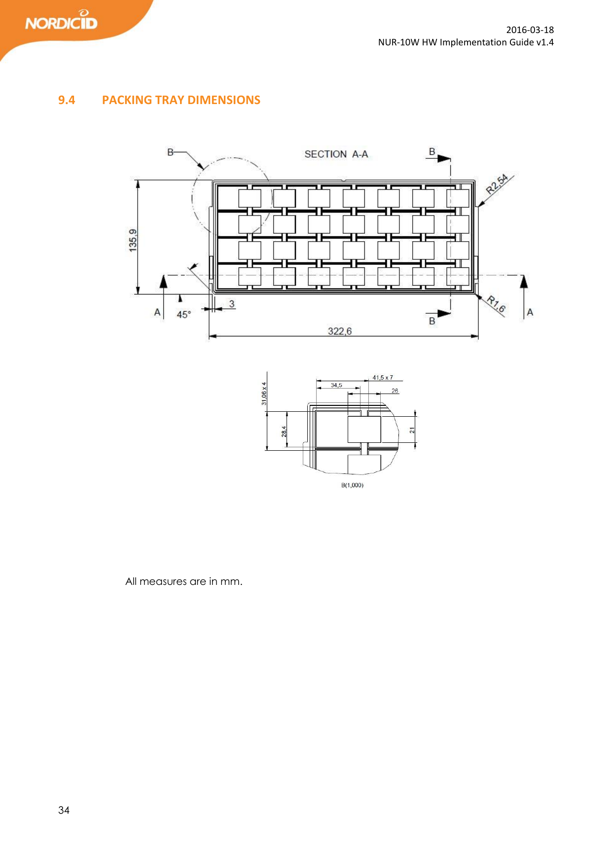  34  2016-03-18 NUR-10W HW Implementation Guide v1.4   9.4   PACKING TRAY DIMENSIONS          All measures are in mm. 