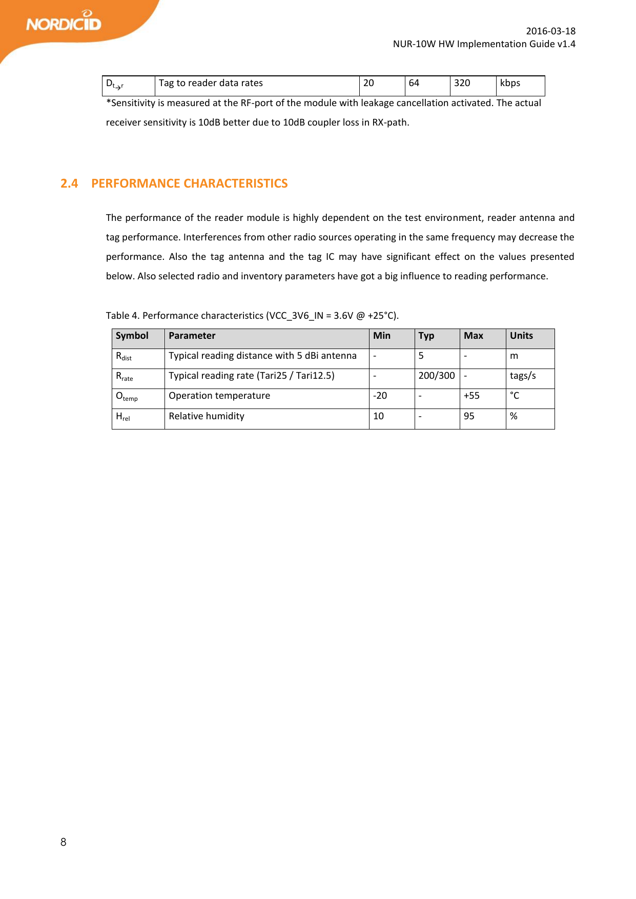  8  2016-03-18 NUR-10W HW Implementation Guide v1.4  Dtr Tag to reader data rates 20 64 320 kbps *Sensitivity is measured at the RF-port of the module with leakage cancellation activated. The actual receiver sensitivity is 10dB better due to 10dB coupler loss in RX-path.   2.4 PERFORMANCE CHARACTERISTICS  The performance of the reader module is highly dependent on the test environment, reader antenna and tag performance. Interferences from other radio sources operating in the same frequency may decrease the performance.  Also  the  tag  antenna  and  the  tag  IC  may  have  significant  effect  on  the  values  presented below. Also selected radio and inventory parameters have got a big influence to reading performance.  Table 4. Performance characteristics (VCC_3V6_IN = 3.6V @ +25°C). Symbol Parameter Min Typ Max Units Rdist Typical reading distance with 5 dBi antenna - 5 - m Rrate Typical reading rate (Tari25 / Tari12.5) - 200/300 - tags/s Otemp Operation temperature -20 - +55 °C Hrel Relative humidity  10 - 95 %  