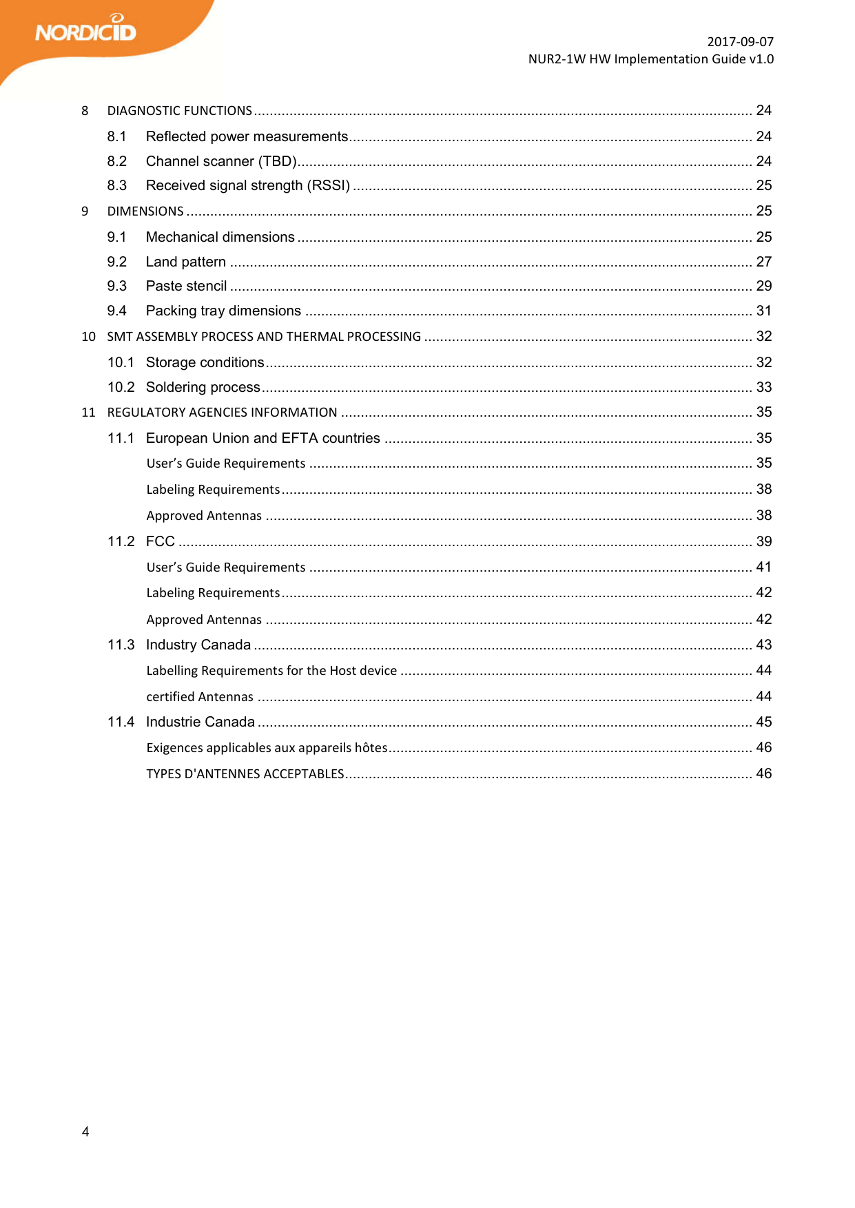  4  2017-09-07 NUR2-1W HW Implementation Guide v1.0  8 DIAGNOSTIC FUNCTIONS .............................................................................................................................. 24 8.1 Reflected power measurements...................................................................................................... 24 8.2 Channel scanner (TBD) ................................................................................................................... 24 8.3 Received signal strength (RSSI) ..................................................................................................... 25 9 DIMENSIONS ............................................................................................................................................... 25 9.1 Mechanical dimensions ................................................................................................................... 25 9.2 Land pattern .................................................................................................................................... 27 9.3 Paste stencil .................................................................................................................................... 29 9.4 Packing tray dimensions ................................................................................................................. 31 10 SMT ASSEMBLY PROCESS AND THERMAL PROCESSING ................................................................................... 32 10.1 Storage conditions ........................................................................................................................... 32 10.2 Soldering process ............................................................................................................................ 33 11 REGULATORY AGENCIES INFORMATION ........................................................................................................ 35 11.1 European Union and EFTA countries ............................................................................................. 35 User’s Guide Requirements ................................................................................................................ 35 Labeling Requirements ....................................................................................................................... 38 Approved Antennas ........................................................................................................................... 38 11.2 FCC ................................................................................................................................................. 39 User’s Guide Requirements ................................................................................................................ 41 Labeling Requirements ....................................................................................................................... 42 Approved Antennas ........................................................................................................................... 42 11.3 Industry Canada .............................................................................................................................. 43 Labelling Requirements for the Host device ......................................................................................... 44 certified Antennas ............................................................................................................................. 44 11.4 Industrie Canada ............................................................................................................................. 45 Exigences applicables aux appareils hôtes ............................................................................................ 46 TYPES D&apos;ANTENNES ACCEPTABLES ....................................................................................................... 46  