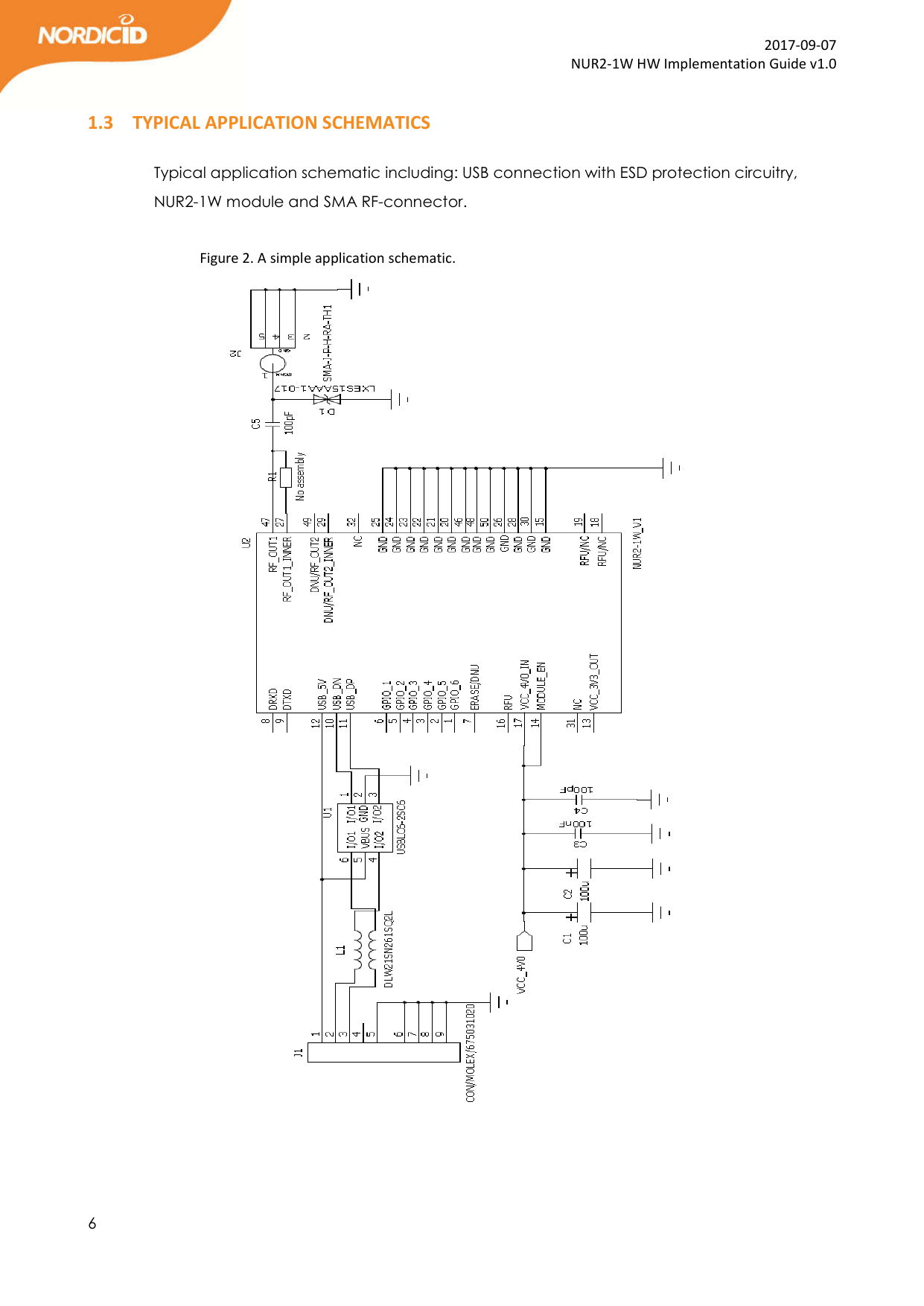  6  2017-09-07 NUR2-1W HW Implementation Guide v1.0  1.3 TYPICAL APPLICATION SCHEMATICS   Typical application schematic including: USB connection with ESD protection circuitry, NUR2-1W module and SMA RF-connector.                 Figure 2. A simple application schematic.                                           