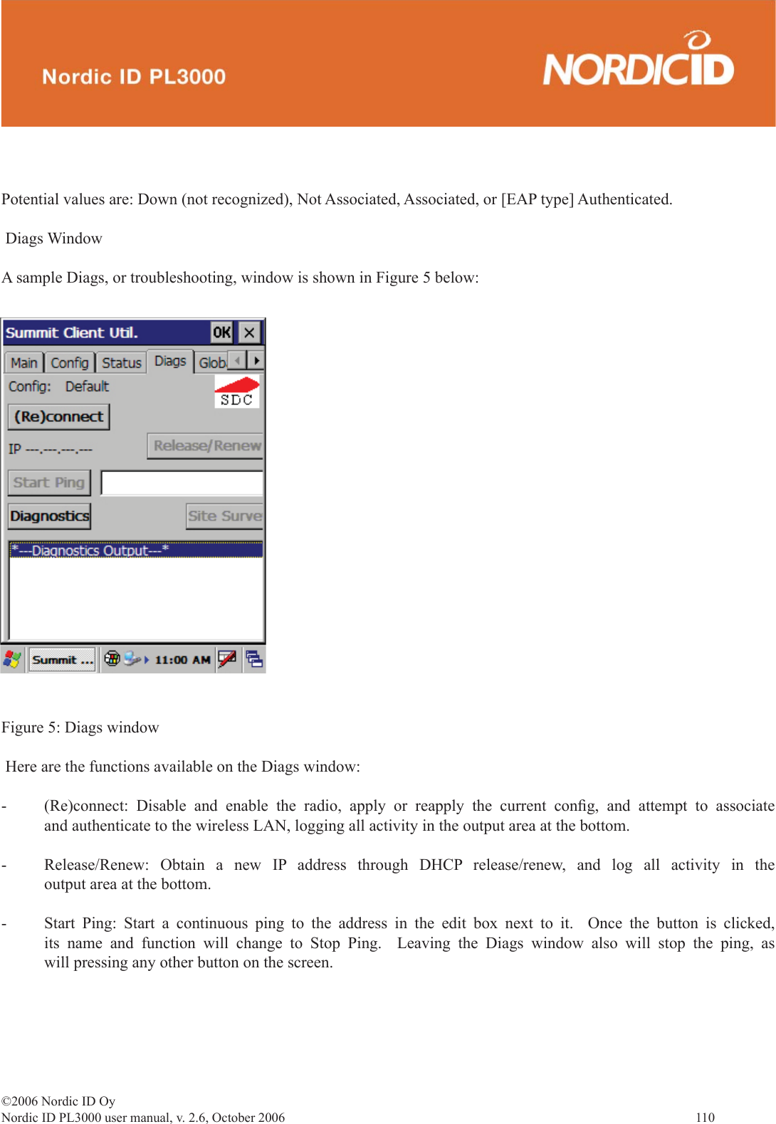 ©2006 Nordic ID OyNordic ID PL3000 user manual, v. 2.6, October 2006                110 Potential values are: Down (not recognized), Not Associated, Associated, or [EAP type] Authenticated. Diags WindowA sample Diags, or troubleshooting, window is shown in Figure 5 below:  Figure 5: Diags window Here are the functions available on the Diags window:-  (Re)connect: Disable and enable the radio, apply or reapply the current conﬁ g, and attempt to associate and authenticate to the wireless LAN, logging all activity in the output area at the bottom.-  Release/Renew: Obtain a new IP address through DHCP release/renew, and log all activity in the output area at the bottom.-  Start Ping: Start a continuous ping to the address in the edit box next to it.  Once the button is clicked, its name and function will change to Stop Ping.  Leaving the Diags window also will stop the ping, as will pressing any other button on the screen.