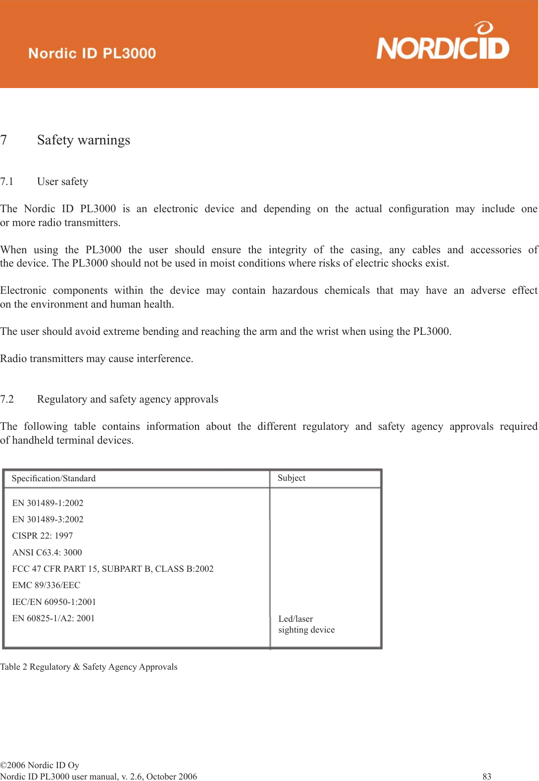 ©2006 Nordic ID OyNordic ID PL3000 user manual, v. 2.6, October 2006                83 7 Safety warnings 7.1 User safetyThe Nordic ID PL3000 is an electronic device and depending on the actual conﬁ guration may include one or more radio transmitters. When using the PL3000 the user should ensure the integrity of the casing, any cables and accessories of the device. The PL3000 should not be used in moist conditions where risks of electric shocks exist.Electronic components within the device may contain hazardous chemicals that may have an adverse effect on the environment and human health.The user should avoid extreme bending and reaching the arm and the wrist when using the PL3000. Radio transmitters may cause interference.7.2  Regulatory and safety agency approvalsThe following table contains information about the different regulatory and safety agency approvals required of handheld terminal devices.SubjectLed/lasersighting deviceSpeciﬁ cation/StandardEN 301489-1:2002EN 301489-3:2002CISPR 22: 1997ANSI C63.4: 3000FCC 47 CFR PART 15, SUBPART B, CLASS B:2002EMC 89/336/EECIEC/EN 60950-1:2001EN 60825-1/A2: 2001Table 2 Regulatory &amp; Safety Agency Approvals