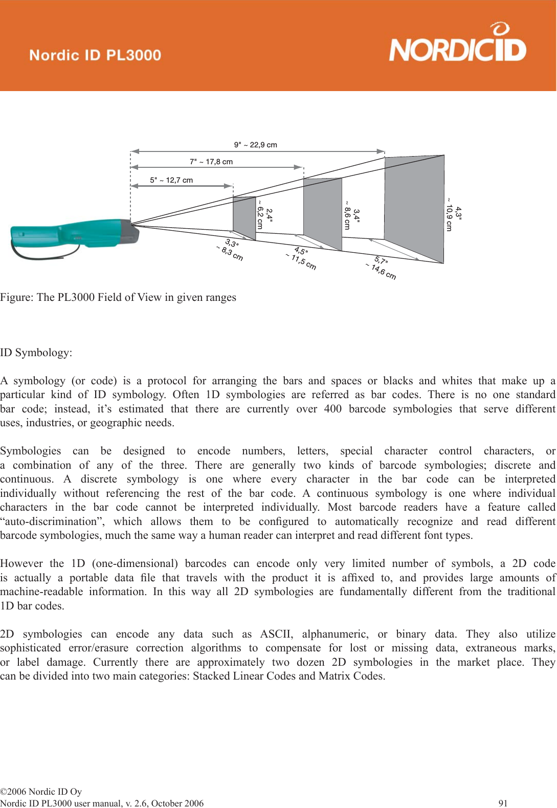 ©2006 Nordic ID OyNordic ID PL3000 user manual, v. 2.6, October 2006                91 ¬^¬¬CM¬^¬¬CM¬^¬¬CM¬¬¬¬^¬¬CM¬¬¬¬^¬¬CM¬¬¬¬^¬¬CM¬¬¬¬^¬¬CM¬¬¬¬^¬¬CM¬¬¬¬^¬¬CMFigure: The PL3000 Field of View in given rangesID Symbology:A symbology (or code) is a protocol for arranging the bars and spaces or blacks and whites that make up a particular kind of ID symbology. Often 1D symbologies are referred as bar codes. There is no one standard bar code; instead, it’s estimated that there are currently over 400 barcode symbologies that serve different uses, industries, or geographic needs. Symbologies can be designed to encode numbers, letters, special character control characters, or a combination of any of the three. There are generally two kinds of barcode symbologies; discrete and continuous. A discrete symbology is one where every character in the bar code can be interpreted individually without referencing the rest of the bar code. A continuous symbology is one where individual characters in the bar code cannot be interpreted individually. Most barcode readers have a feature called “auto-discrimination”, which allows them to be conﬁ gured to automatically recognize and read different barcode symbologies, much the same way a human reader can interpret and read different font types.However the 1D (one-dimensional) barcodes can encode only very limited number of symbols, a 2D code is actually a portable data ﬁ le that travels with the product it is afﬁ xed to, and provides large amounts of machine-readable information. In this way all 2D symbologies are fundamentally different from the traditional 1D bar codes.2D symbologies can encode any data such as ASCII, alphanumeric, or binary data. They also utilize sophisticated error/erasure correction algorithms to compensate for lost or missing data, extraneous marks, or label damage. Currently there are approximately two dozen 2D symbologies in the market place. They can be divided into two main categories: Stacked Linear Codes and Matrix Codes.