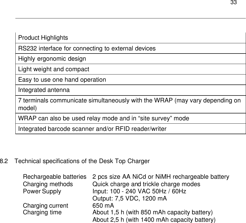  33  Product Highlights  RS232 interface for connecting to external devices Highly ergonomic design Light weight and compact Easy to use one hand operation Integrated antenna 7 terminals communicate simultaneously with the WRAP (may vary depending on model) WRAP can also be used relay mode and in “site survey” mode Integrated barcode scanner and/or RFID reader/writer   8.2 Technical specifications of the Desk Top Charger  Rechargeable batteries 2 pcs size AA NiCd or NiMH rechargeable battery  Charging methods   Quick charge and trickle charge modes   Power Supply    Input: 100 - 240 VAC 50Hz / 60Hz            Output: 7,5 VDC, 1200 mA   Charging current    650 mA  Charging time    About 1,5 h (with 850 mAh capacity battery)         About 2,5 h (with 1400 mAh capacity battery)  