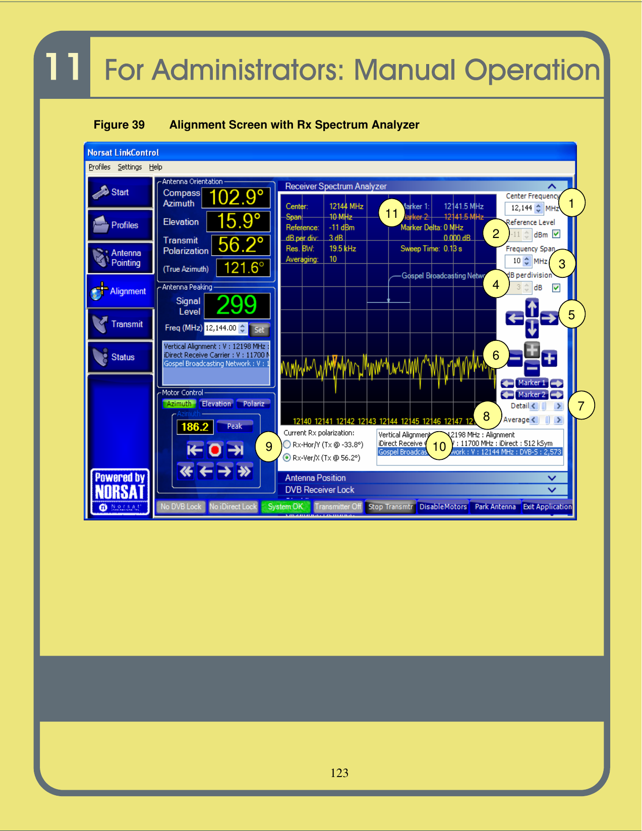   123 10 11 9 2 1 3 4 5 6 7 8    Figure 39 Alignment Screen with Rx Spectrum Analyzer   