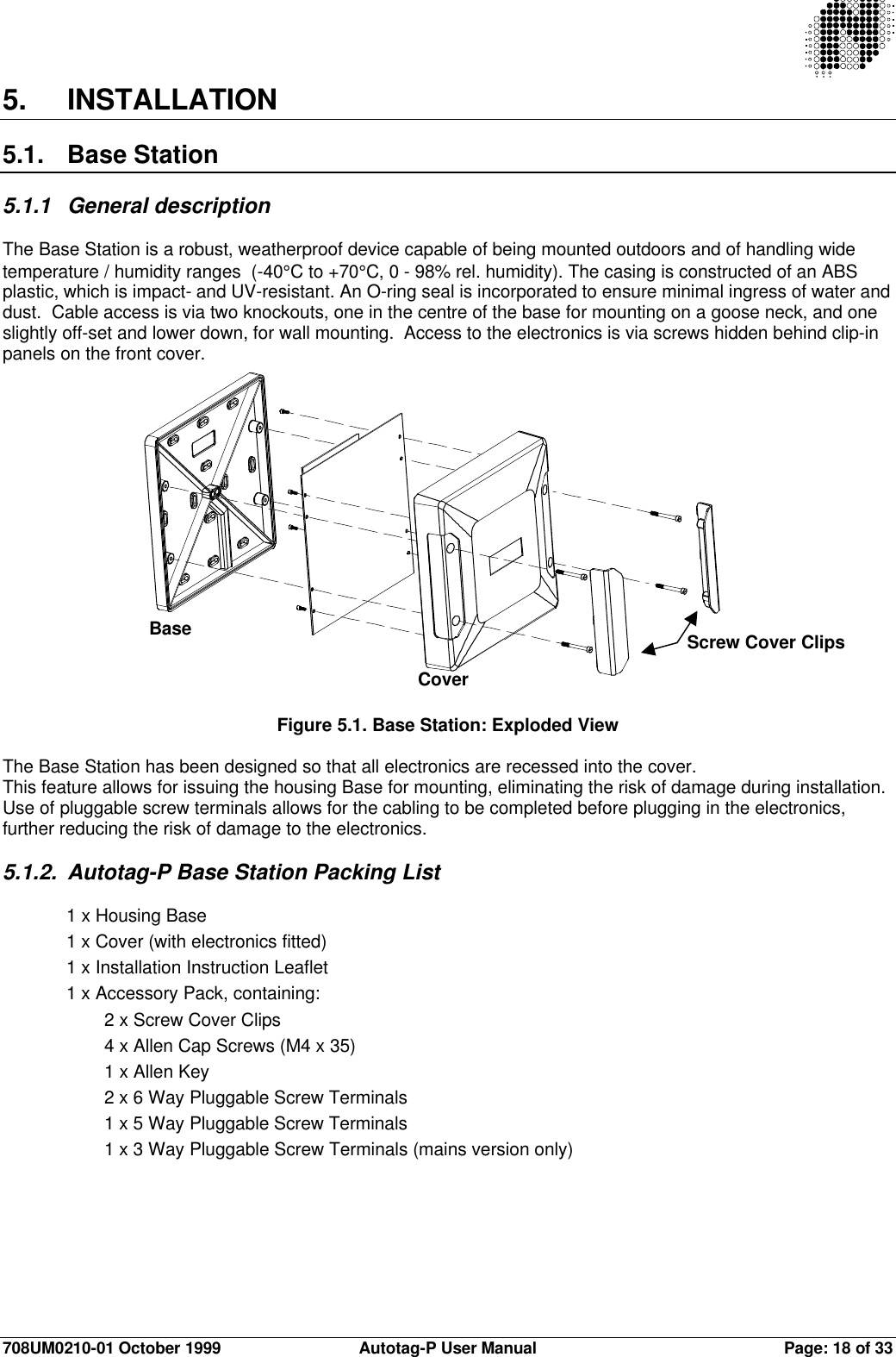 708UM0210-01 October 1999 Autotag-P User Manual Page: 18 of 335.INSTALLATION5.1. Base Station5.1.1 General descriptionThe Base Station is a robust, weatherproof device capable of being mounted outdoors and of handling widetemperature / humidity ranges  (-40°C to +70°C, 0 - 98% rel. humidity). The casing is constructed of an ABSplastic, which is impact- and UV-resistant. An O-ring seal is incorporated to ensure minimal ingress of water anddust.  Cable access is via two knockouts, one in the centre of the base for mounting on a goose neck, and oneslightly off-set and lower down, for wall mounting.  Access to the electronics is via screws hidden behind clip-inpanels on the front cover.Figure 5.1. Base Station: Exploded ViewThe Base Station has been designed so that all electronics are recessed into the cover.This feature allows for issuing the housing Base for mounting, eliminating the risk of damage during installation.Use of pluggable screw terminals allows for the cabling to be completed before plugging in the electronics,further reducing the risk of damage to the electronics.5.1.2. Autotag-P Base Station Packing List1 x Housing Base1 x Cover (with electronics fitted)1 x Installation Instruction Leaflet1 x Accessory Pack, containing:2 x Screw Cover Clips4 x Allen Cap Screws (M4 x 35)1 x Allen Key2 x 6 Way Pluggable Screw Terminals1 x 5 Way Pluggable Screw Terminals1 x 3 Way Pluggable Screw Terminals (mains version only)BaseCoverScrew Cover Clips