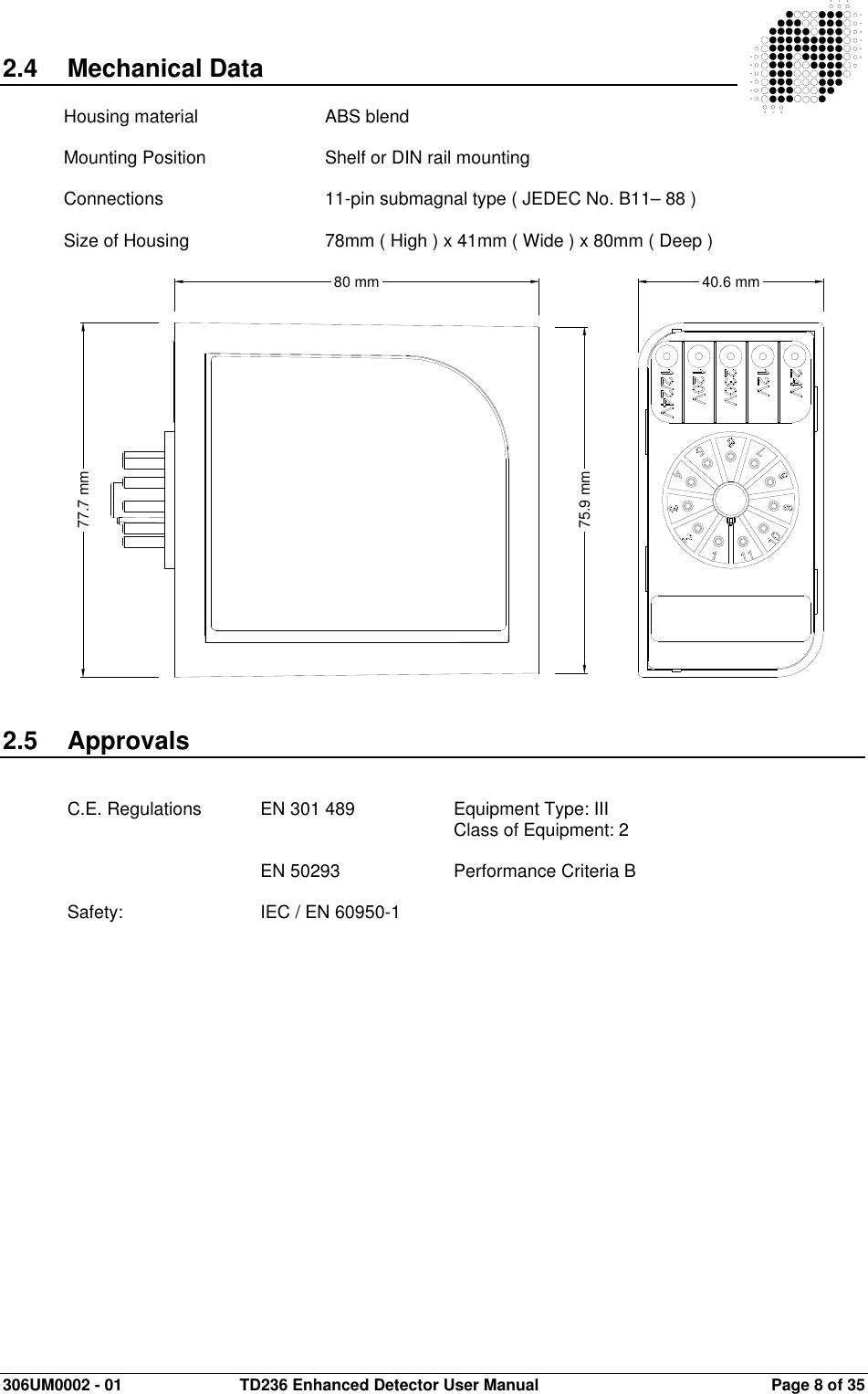  306UM0002 - 01  TD236 Enhanced Detector User Manual   Page 8 of 35  2.4  Mechanical Data  Housing material   ABS blend  Mounting Position    Shelf or DIN rail mounting  Connections      11-pin submagnal type ( JEDEC No. B11– 88 )  Size of Housing     78mm ( High ) x 41mm ( Wide ) x 80mm ( Deep )                          2.5  Approvals   C.E. Regulations  EN 301 489    Equipment Type: III               Class of Equipment: 2        EN 50293    Performance Criteria B   Safety:      IEC / EN 60950-1    80 mm75.9 mm77.7 mm40.6 mm