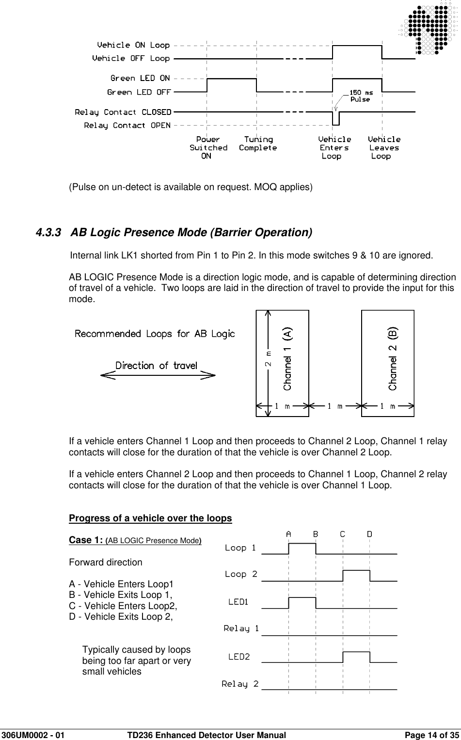  306UM0002 - 01  TD236 Enhanced Detector User Manual   Page 14 of 35                (Pulse on un-detect is available on request. MOQ applies)    4.3.3  AB Logic Presence Mode (Barrier Operation)    Internal link LK1 shorted from Pin 1 to Pin 2. In this mode switches 9 &amp; 10 are ignored.  AB LOGIC Presence Mode is a direction logic mode, and is capable of determining direction of travel of a vehicle.  Two loops are laid in the direction of travel to provide the input for this mode.             If a vehicle enters Channel 1 Loop and then proceeds to Channel 2 Loop, Channel 1 relay contacts will close for the duration of that the vehicle is over Channel 2 Loop.  If a vehicle enters Channel 2 Loop and then proceeds to Channel 1 Loop, Channel 2 relay contacts will close for the duration of that the vehicle is over Channel 1 Loop.   Progress of a vehicle over the loops  Case 1: (AB LOGIC Presence Mode)  Forward direction  A - Vehicle Enters Loop1 B - Vehicle Exits Loop 1, C - Vehicle Enters Loop2,  D - Vehicle Exits Loop 2,   Typically caused by loops  being too far apart or very  small vehicles   