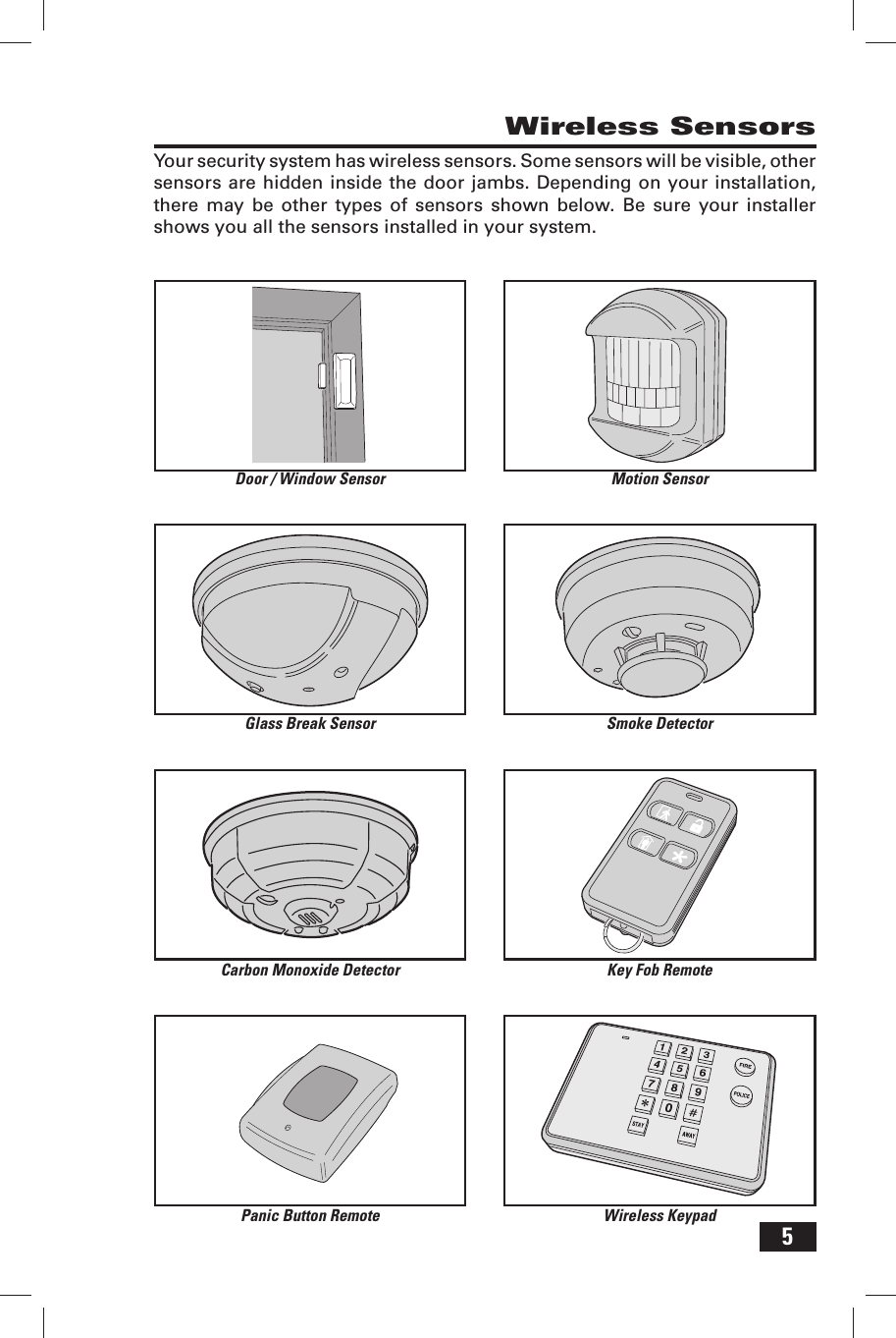 5         Wireless SensorsYour security system has wireless sensors. Some sensors will be visible, other sensors are hidden inside the door jambs. Depending on your installation, there may be other types of sensors shown below. Be sure your installer shows you all the sensors installed in your system.Motion SensorSmoke DetectorKey Fob RemoteWireless KeypadDoor / Window SensorGlass Break SensorCarbon Monoxide DetectorPanic Button Remote