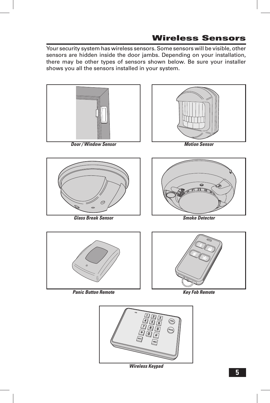 5         Wireless SensorsYour security system has wireless sensors. Some sensors will be visible, other sensors are hidden inside the door jambs. Depending on your installation, there may be other types of sensors shown below. Be sure your installer shows you all the sensors installed in your system.Motion SensorSmoke DetectorKey Fob RemoteWireless KeypadDoor / Window SensorGlass Break SensorPanic Button Remote