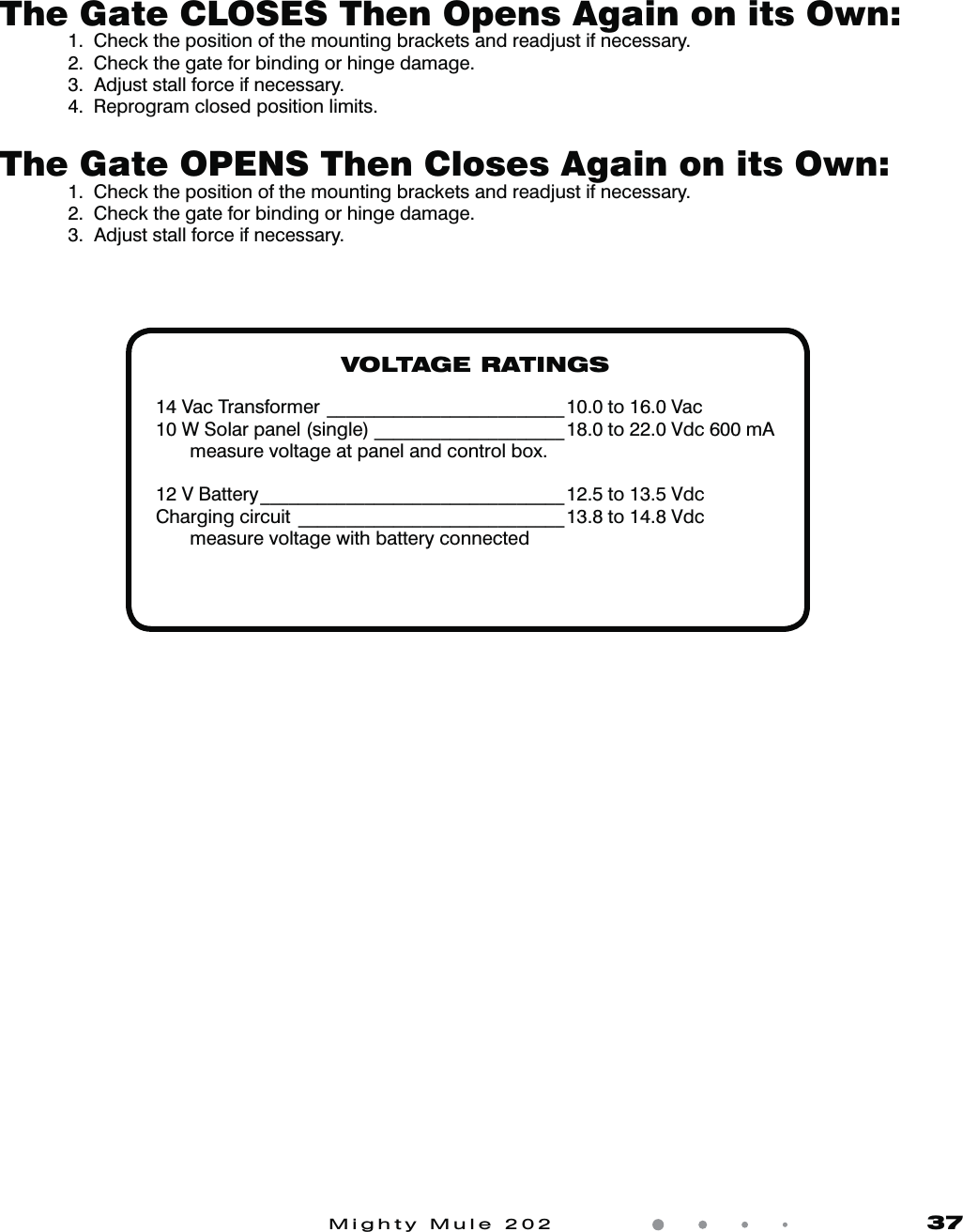 Mighty Mule 202               37The Gate CLOSES Then Opens Again on its Own:  1.  Check the position of the mounting brackets and readjust if necessary.  2.  Check the gate for binding or hinge damage.  3.  Adjust stall force if necessary.  4.  Reprogram closed position limits.The Gate OPENS Then Closes Again on its Own:  1.  Check the position of the mounting brackets and readjust if necessary.  2.  Check the gate for binding or hinge damage.  3.  Adjust stall force if necessary.               VOLTAGE RATINGS14 Vac Transformer _________________________10.0 to 16.0 Vac 10 W Solar panel (single) ____________________18.0 to 22.0 Vdc 600 mA  measure voltage at panel and control box.12 V Battery ________________________________12.5 to 13.5 VdcCharging circuit  ____________________________13.8 to 14.8 Vdc  measure voltage with battery connected