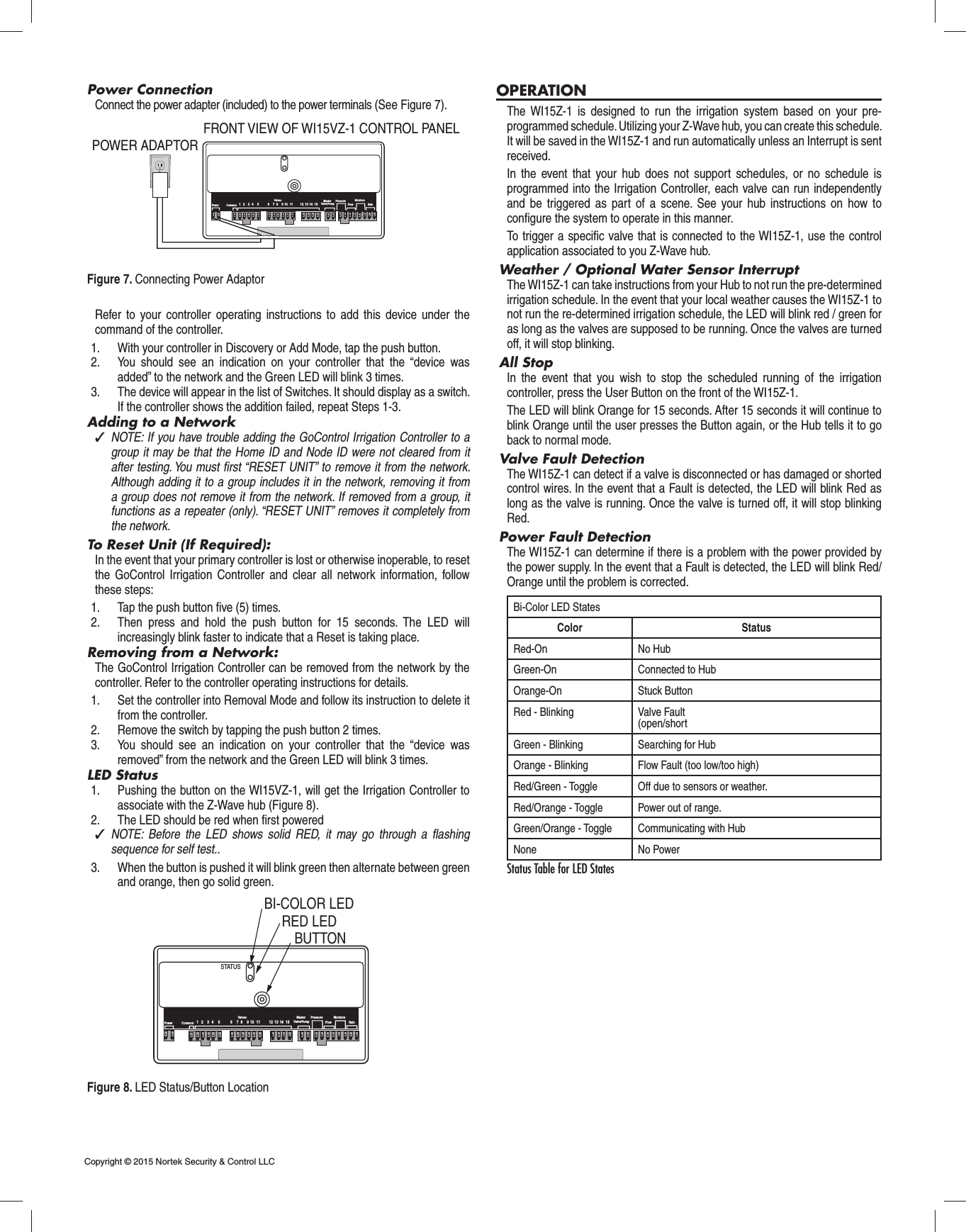 Power ConnectionConnect the power adapter (included) to the power terminals (See Figure 7).Refer to your controller operating instructions to add this device under the command of the controller.1.  With your controller in Discovery or Add Mode, tap the push button.2.  You should see an indication on your controller that the “device was added” to the network and the Green LED will blink 3 times.3.  The device will appear in the list of Switches. It should display as a switch. If the controller shows the addition failed, repeat Steps 1-3.Adding to a Network ✓NOTE: If you have trouble adding the GoControl Irrigation Controller to a group it may be that the Home ID and Node ID were not cleared from it after testing. You must ﬁ rst “RESET UNIT” to remove it from the network. Although adding it to a group includes it in the network, removing it from a group does not remove it from the network. If removed from a group, it functions as a repeater (only). “RESET UNIT” removes it completely from the network.To Reset Unit (If Required):In the event that your primary controller is lost or otherwise inoperable, to reset the GoControl Irrigation Controller and clear all network information, follow these steps:1.  Tap the push button ﬁ ve (5) times.2.  Then press and hold the push button for 15 seconds. The LED will increasingly blink faster to indicate that a Reset is taking place.Removing from a Network:The GoControl Irrigation Controller can be removed from the network by the controller. Refer to the controller operating instructions for details.1.  Set the controller into Removal Mode and follow its instruction to delete it from the controller.2.  Remove the switch by tapping the push button 2 times. 3.  You should see an indication on your controller that the “device was removed” from the network and the Green LED will blink 3 times.LED Status1.  Pushing the button on the WI15VZ-1, will get the Irrigation Controller to associate with the Z-Wave hub (Figure 8).2.  The LED should be red when ﬁ rst powered ✓NOTE: Before the LED shows solid RED, it may go through a ﬂ ashing sequence for self test..3.  When the button is pushed it will blink green then alternate between green and orange, then go solid green.OPERATIONThe WI15Z-1 is designed to run the irrigation system based on your pre-programmed schedule. Utilizing your Z-Wave hub, you can create this schedule. It will be saved in the WI15Z-1 and run automatically unless an Interrupt is sent received.In the event that your hub does not support schedules, or no schedule is programmed into the Irrigation Controller, each valve can run independently and be triggered as part of a scene. See your hub instructions on how to conﬁ gure the system to operate in this manner.To trigger a speciﬁ c valve that is connected to the WI15Z-1, use the control application associated to you Z-Wave hub. Weather / Optional Water Sensor InterruptThe WI15Z-1 can take instructions from your Hub to not run the pre-determined irrigation schedule. In the event that your local weather causes the WI15Z-1 to not run the re-determined irrigation schedule, the LED will blink red / green for as long as the valves are supposed to be running. Once the valves are turned off, it will stop blinking.All StopIn the event that you wish to stop the scheduled running of the irrigation controller, press the User Button on the front of the WI15Z-1.The LED will blink Orange for 15 seconds. After 15 seconds it will continue to blink Orange until the user presses the Button again, or the Hub tells it to go back to normal mode.Valve Fault DetectionThe WI15Z-1 can detect if a valve is disconnected or has damaged or shorted control wires. In the event that a Fault is detected, the LED will blink Red as long as the valve is running. Once the valve is turned off, it will stop blinking Red.Power Fault DetectionThe WI15Z-1 can determine if there is a problem with the power provided by the power supply. In the event that a Fault is detected, the LED will blink Red/Orange until the problem is corrected.Bi-Color LED StatesColor StatusRed-On No HubGreen-On Connected to HubOrange-On Stuck ButtonRed - Blinking Valve Fault(open/shortGreen - Blinking Searching for HubOrange - Blinking Flow Fault (too low/too high)Red/Green - Toggle Off due to sensors or weather.Red/Orange - Toggle Power out of range.Green/Orange - Toggle Communicating with HubNone No PowerStatus Table for LED StatesPower CommonMaster Valve/PumpPressureFlowMoistureRain234 5678 910 11 12 13114 15ValvesFRONT VIEW OF WI15VZ-1 CONTROL PANELPOWER ADAPTORCopyright © 2015 Nortek Security &amp; Control LLC Power CommonMaster Valve/PumpPressureFlowMoistureRain234 5678 910 11 12 13114 15ValvesSTATUSBUTTONBI-COLOR LEDRED LEDFigure 7. Connecting Power AdaptorFigure 8. LED Status/Button Location