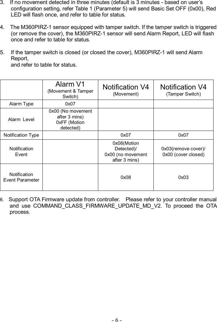 3.    If no movement detected in three minutes (default is 3 minutes - based on user’s configuration setting, refer Table 1 (Parameter 5) will send Basic Set OFF (0x00), Red LED will flash once, and refer to table for status.    4.    The M360PIRZ-1 sensor equipped with tamper switch. If the tamper switch is triggered (or remove the cover), the M360PIRZ-1 sensor will send Alarm Report, LED will flash once and refer to table for status.      5.  If the tamper switch is closed (or closed the cover), M360PIRZ-1 will send Alarm Report,   and refer to table for status.      Alarm V1 (Movement &amp; Tamper Switch) Notification V4 (Movement) Notification V4 (Tamper Switch) Alarm Type  0x07     Alarm  Level 0x00 (No movement after 3 mins) 0xFF (Motion detected)    Notification Type   0x07  0x07 Notification Event   0x08(Motion Detected)/ 0x00 (no movement after 3 mins) 0x03(remove cover)/ 0x00 (cover closed) Notification Event Parameter   0x08  0x03             6.    Support OTA Firmware update from controller.    Please refer to your controller manual and  use  COMMAND_CLASS_FIRMWARE_UPDATE_MD_V2.  To  proceed  the  OTA process.    - 6 - 