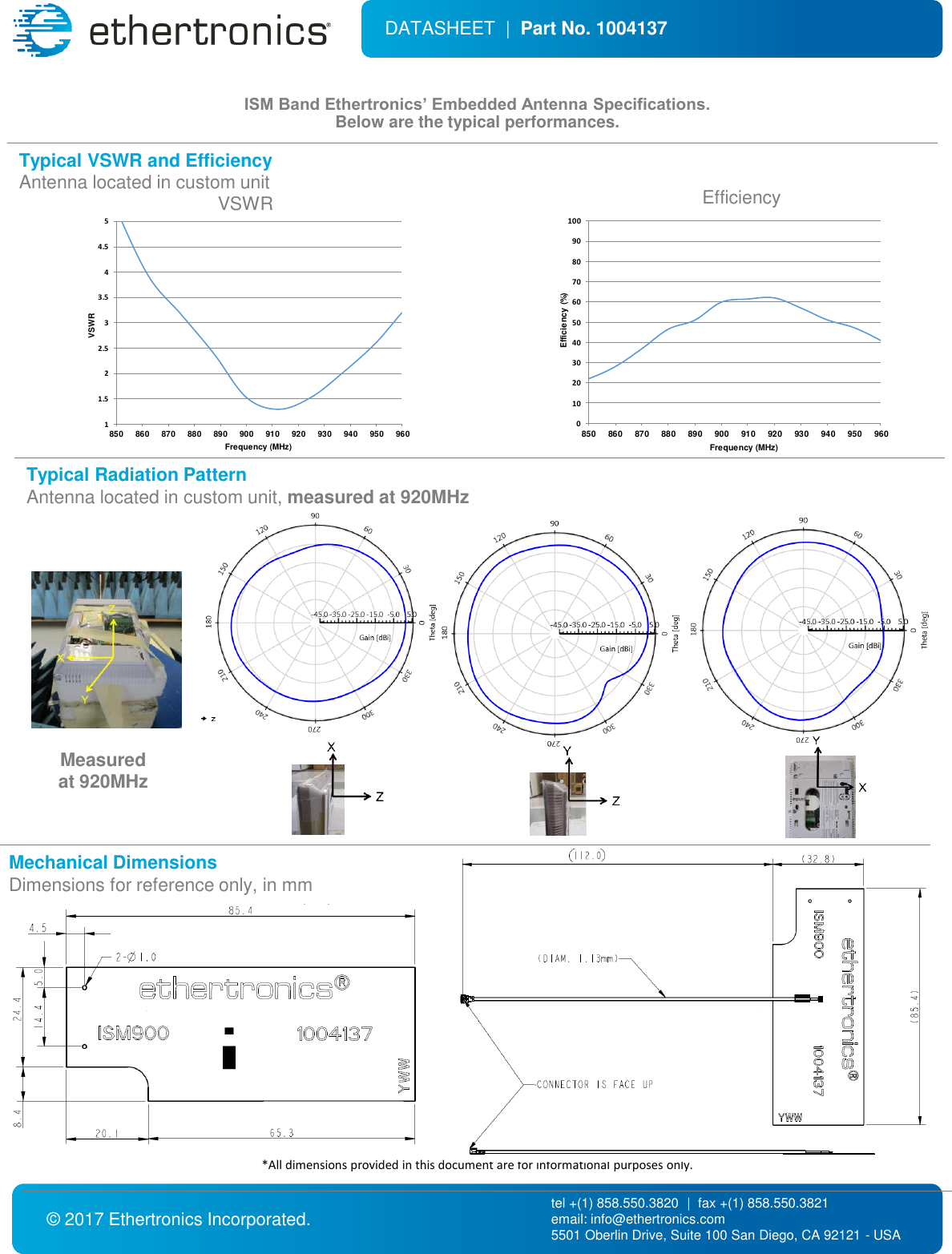 Typical VSWR and EfficiencyAntenna located in custom unit© 2017 Ethertronics Incorporated. tel +(1) 858.550.3820  |  fax +(1) 858.550.3821  email: info@ethertronics.com5501 Oberlin Drive, Suite 100 San Diego, CA 92121 - USA*All dimensions provided in this document are for informational purposes only.ISM Band Ethertronics’ Embedded Antenna Specifications.Below are the typical performances.DATASHEET  |  Part No. 1004137 VSWR EfficiencyMechanical DimensionsDimensions for reference only, in mm0102030405060708090100850 860 870 880 890 900 910 920 930 940 950 960Efficiency (%)Frequency (MHz)11.522.533.544.55850 860 870 880 890 900 910 920 930 940 950 960VSWRFrequency (MHz)Typical Radiation Pattern Antenna located in custom unit, measured at 920MHzMeasured at 920MHz