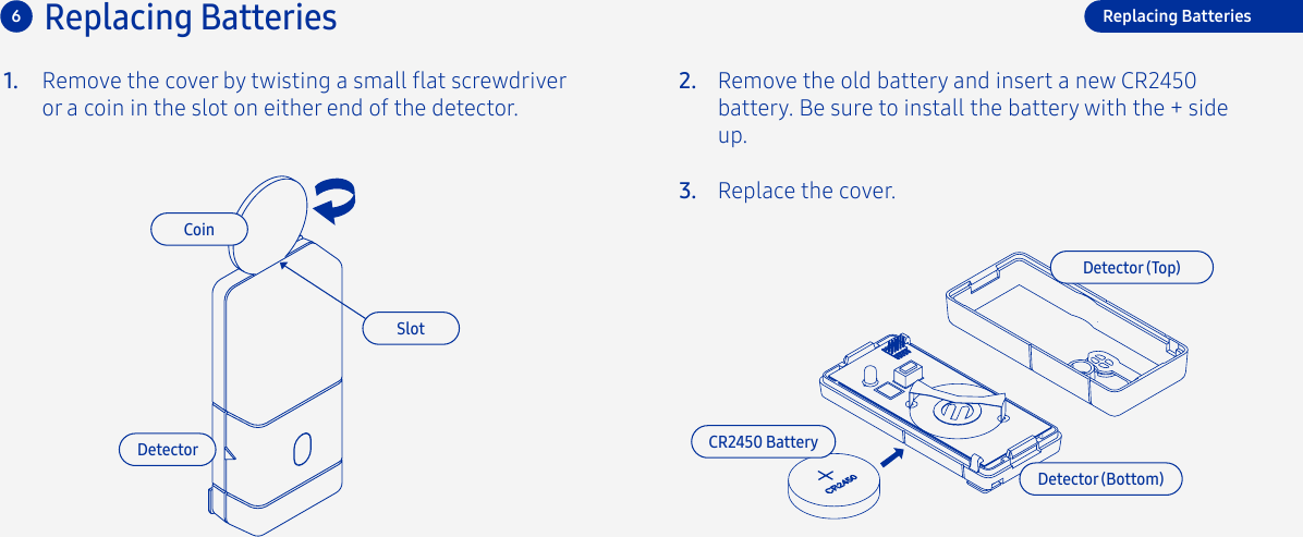 Remove the old battery and insert a new CR2450 battery. Be sure to install the battery with the + side up.Replace the cover.2.3.Remove the cover by twisting a small at screwdriver or a coin in the slot on either end of the detector.1.6Replacing Batteries Replacing BatteriesCoinSlotDetectorDetector (Bottom)Detector (Top)CR2450 Battery