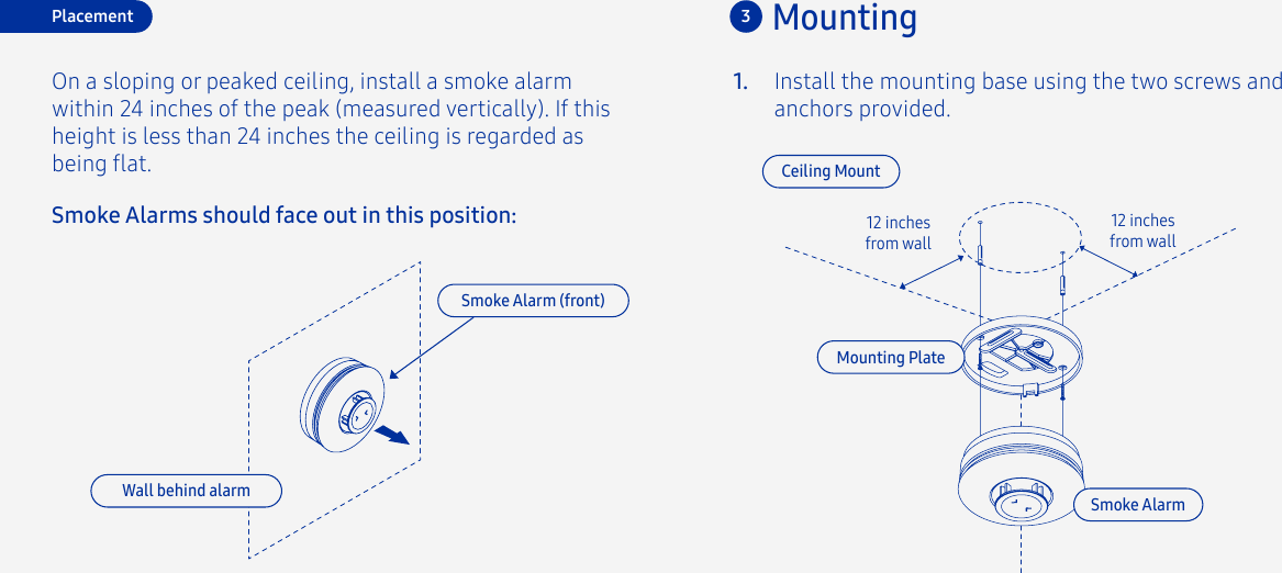 Install the mounting base using the two screws and anchors provided.1.3MountingMounting PlateSmoke Alarm12 inches from wall12 inches from wallSmoke Alarms should face out in this position:On a sloping or peaked ceiling, install a smoke alarm within 24 inches of the peak (measured vertically). If this height is less than 24 inches the ceiling is regarded as being at.PlacementSmoke Alarm (front)Wall behind alarmCeiling Mount