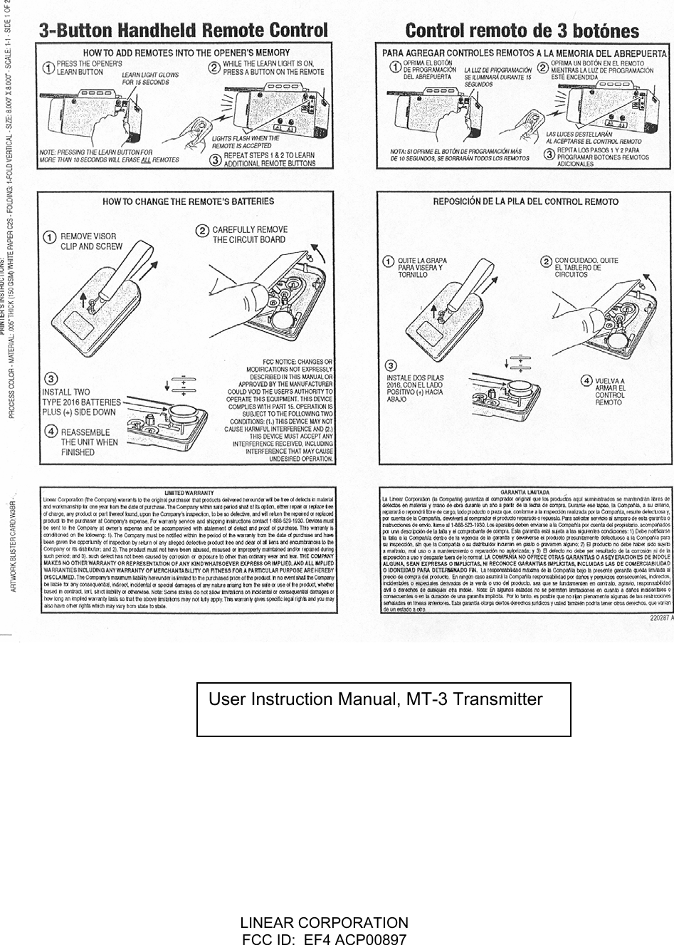  LINEAR CORPORATION   FCC ID:  EF4 ACP00897     User Instruction Manual, MT-3 Transmitter 