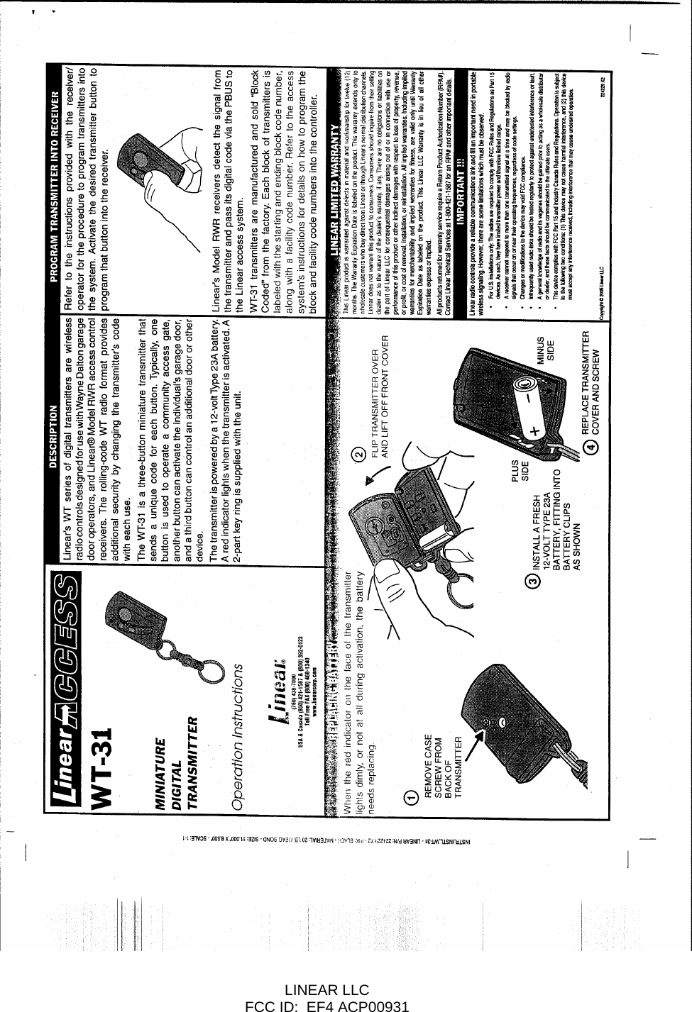  LINEAR LLC     FCC ID:  EF4 ACP00931    