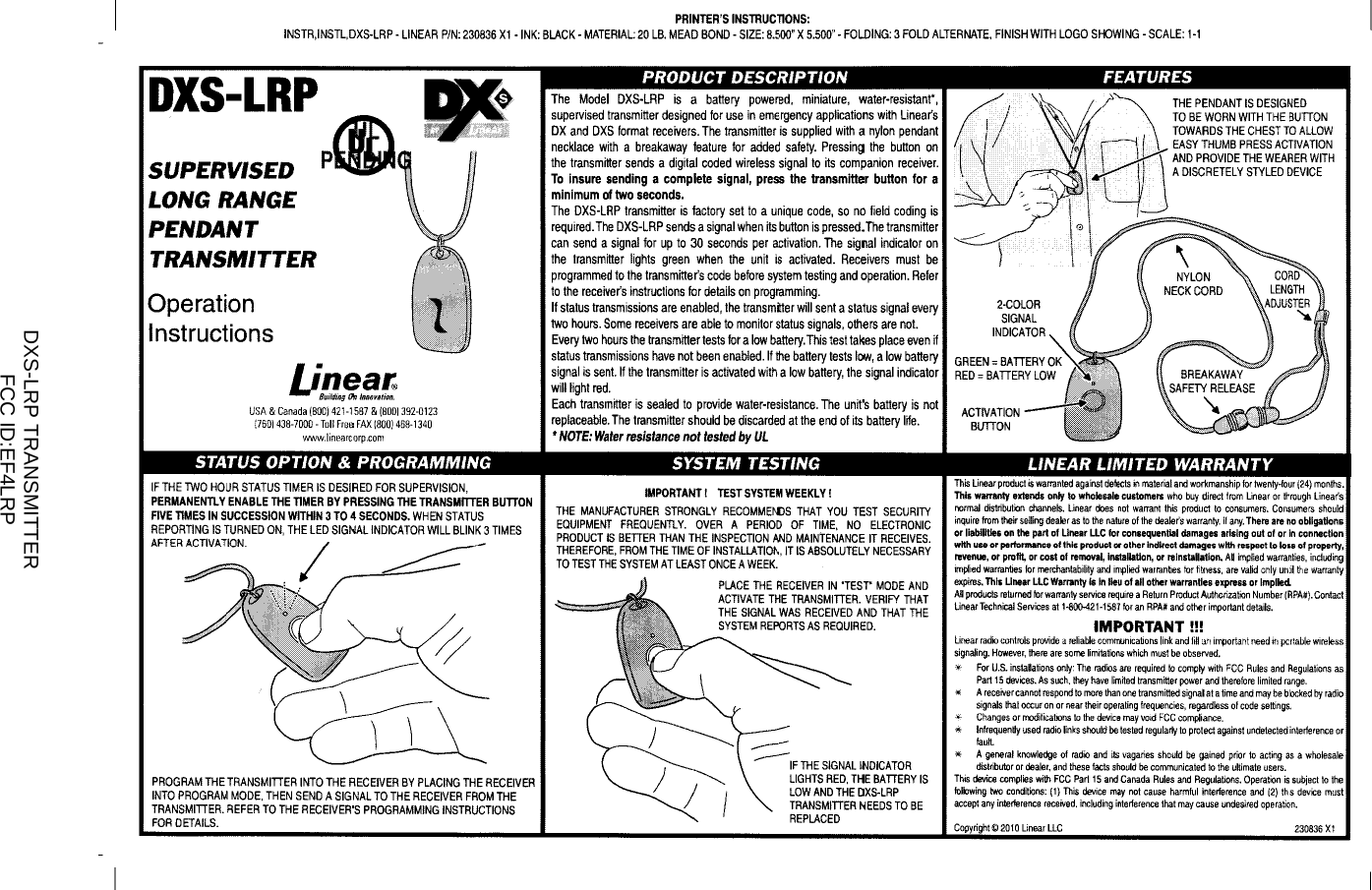     DXS-LRP TRANSMITTER FCC ID:EF4LRP    