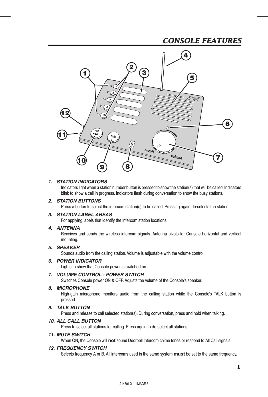 1CONSOLE FEATURES1.  STATION INDICATORSIndicators light when a station number button is pressed to show the station(s) that will be called. Indicators blink to show a call in progress. Indicators ash during conversation to show the busy stations.2.  STATION BUTTONSPress a button to select the intercom station(s) to be called. Pressing again de-selects the station.3.  STATION LABEL AREASFor applying labels that identify the intercom station locations.4.  ANTENNAReceives and sends the wireless  intercom signals. Antenna pivots for Console  horizontal and vertical mounting.5.  SPEAKERSounds audio from the calling station. Volume is adjustable with the volume control.6.  POWER INDICATORLights to show that Console power is switched on.7.  VOLUME CONTROL - POWER SWITCHSwitches Console power ON &amp; OFF. Adjusts the volume of the Console’s speaker.8.  MICROPHONEHigh-gain  microphone  monitors  audio  from  the  calling  station  while  the  Console’s  TALK  button  is pressed.9.  TALK BUTTONPress and release to call selected station(s). During conversation, press and hold when talking.10. ALL CALL BUTTONPress to select all stations for calling. Press again to de-select all stations.11. MUTE SWITCHWhen ON, the Console will not sound Doorbell Intercom chime tones or respond to All Call signals. 12. FREQUENCY SWITCHSelects frequency A or B. All intercoms used in the same system must be set to the same frequency.312456789101112214601 X1 - IMAGE 2 214601 X1 - IMAGE 3