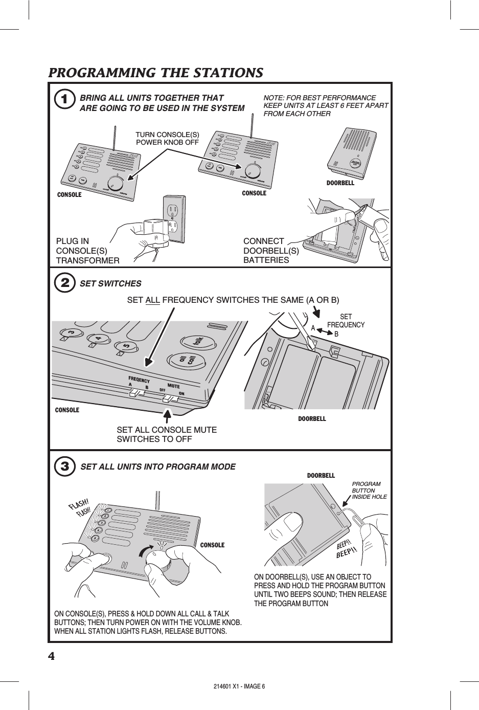 4PROGRAMMING THE STATIONS312BRING ALL UNITS TOGETHER THATARE GOING TO BE USED IN THE SYSTEMPLUG INCONSOLE(S)TRANSFORMERTURN CONSOLE(S)POWER KNOB OFFCONNECTDOORBELL(S)BATTERIESSET ALL FREQUENCY SWITCHES THE SAME (A OR B)SET ALL CONSOLE MUTESWITCHES TO OFFCONSOLEDOORBELLSET ALL UNITS INTO PROGRAM MODEON CONSOLE(S), PRESS &amp; HOLD DOWN ALL CALL &amp; TALKBUTTONS; THEN TURN POWER ON WITH THE VOLUME KNOB.WHEN ALL STATION LIGHTS FLASH, RELEASE BUTTONS.ON DOORBELL(S), USE AN OBJECT TOPRESS AND HOLD THE PROGRAM BUTTONUNTIL TWO BEEPS SOUND; THEN RELEASETHE PROGRAM BUTTONPROGRAMBUTTONINSIDE HOLECONSOLECONSOLE CONSOLEDOORBELLDOORBELLSET SWITCHESSETFREQUENCYBANOTE: FOR BEST PERFORMANCEKEEP UNITS AT LEAST 6 FEET APARTFROM EACH OTHER214601 X1 - IMAGE 6 214601 X1 - IMAGE 7