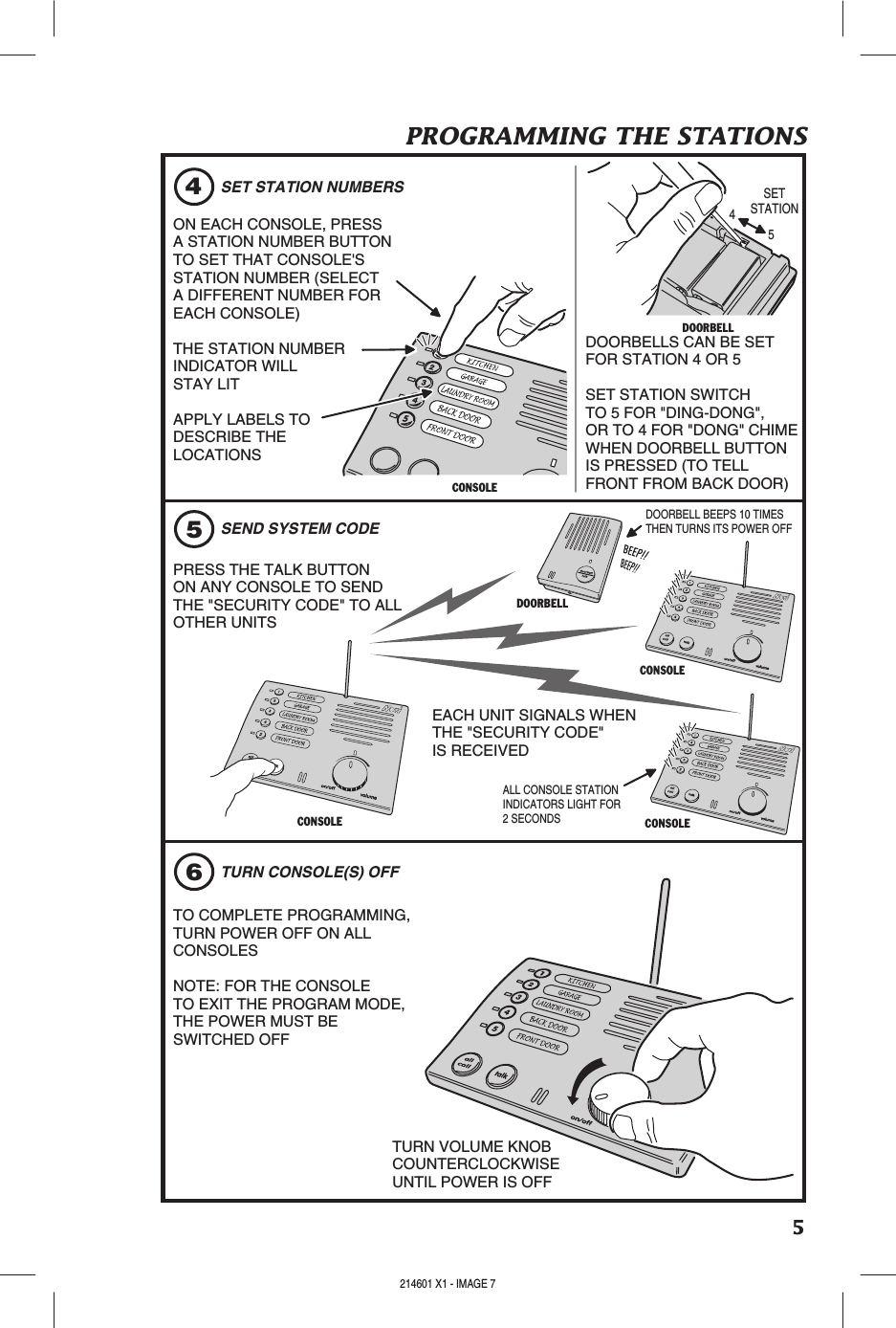 5PROGRAMMING THE STATIONSDOORBELLCONSOLECONSOLE645ON EACH CONSOLE, PRESSA STATION NUMBER BUTTONTO SET THAT CONSOLE&apos;SSTATION NUMBER (SELECTA DIFFERENT NUMBER FOREACH CONSOLE)THE STATION NUMBERINDICATOR WILLSTAY LITAPPLY LABELS TODESCRIBE THELOCATIONSCONSOLEDOORBELLSET STATION NUMBERSDOORBELLS CAN BE SETFOR STATION 4 OR 5SET STATION SWITCHTO 5 FOR &quot;DING-DONG&quot;,OR TO 4 FOR &quot;DONG&quot; CHIMEWHEN DOORBELL BUTTONIS PRESSED (TO TELLFRONT FROM BACK DOOR)SETSTATION54CONSOLEPRESS THE TALK BUTTONON ANY CONSOLE TO SENDTHE &quot;SECURITY CODE&quot; TO ALLOTHER UNITSSEND SYSTEM CODEDOORBELL BEEPS 10 TIMESTHEN TURNS ITS POWER OFFEACH UNIT SIGNALS WHENTHE &quot;SECURITY CODE&quot;IS RECEIVEDALL CONSOLE STATIONINDICATORS LIGHT FOR2 SECONDSTURN CONSOLE(S) OFFTO COMPLETE PROGRAMMING,TURN POWER OFF ON ALLCONSOLESNOTE: FOR THE CONSOLETO EXIT THE PROGRAM MODE, THE POWER MUST BESWITCHED OFFTURN VOLUME KNOBCOUNTERCLOCKWISEUNTIL POWER IS OFF214601 X1 - IMAGE 6 214601 X1 - IMAGE 7