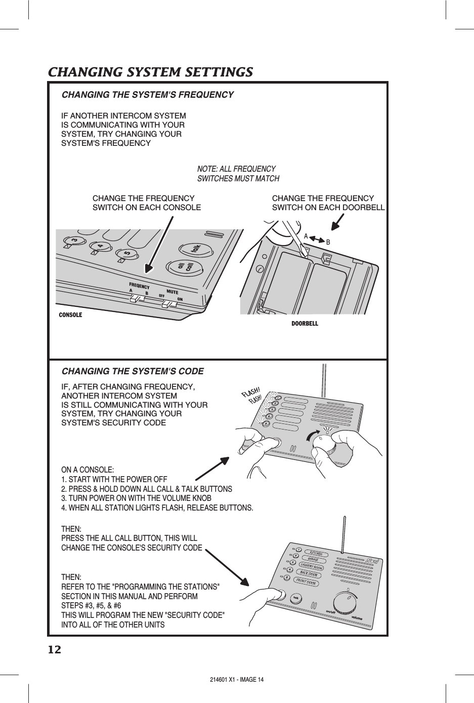 12CHANGING SYSTEM SETTINGSCHANGING THE SYSTEM&apos;S CODECHANGING THE SYSTEM&apos;S FREQUENCYON A CONSOLE:1. START WITH THE POWER OFF2. PRESS &amp; HOLD DOWN ALL CALL &amp; TALK BUTTONS3. TURN POWER ON WITH THE VOLUME KNOB4. WHEN ALL STATION LIGHTS FLASH, RELEASE BUTTONS.IF, AFTER CHANGING FREQUENCY,ANOTHER INTERCOM SYSTEMIS STILL COMMUNICATING WITH YOURSYSTEM, TRY CHANGING YOURSYSTEM&apos;S SECURITY CODECONSOLEDOORBELLBANOTE: ALL FREQUENCYSWITCHES MUST MATCHTHEN:PRESS THE ALL CALL BUTTON, THIS WILLCHANGE THE CONSOLE&apos;S SECURITY CODETHEN:REFER TO THE &quot;PROGRAMMING THE STATIONS&quot;SECTION IN THIS MANUAL AND PERFORMSTEPS #3, #5, &amp; #6THIS WILL PROGRAM THE NEW &quot;SECURITY CODE&quot;INTO ALL OF THE OTHER UNITSIF ANOTHER INTERCOM SYSTEMIS COMMUNICATING WITH YOURSYSTEM, TRY CHANGING YOURSYSTEM&apos;S FREQUENCYCHANGE THE FREQUENCYSWITCH ON EACH CONSOLECHANGE THE FREQUENCYSWITCH ON EACH DOORBELL214601 X1 - IMAGE 14 214601 X1 - IMAGE 15