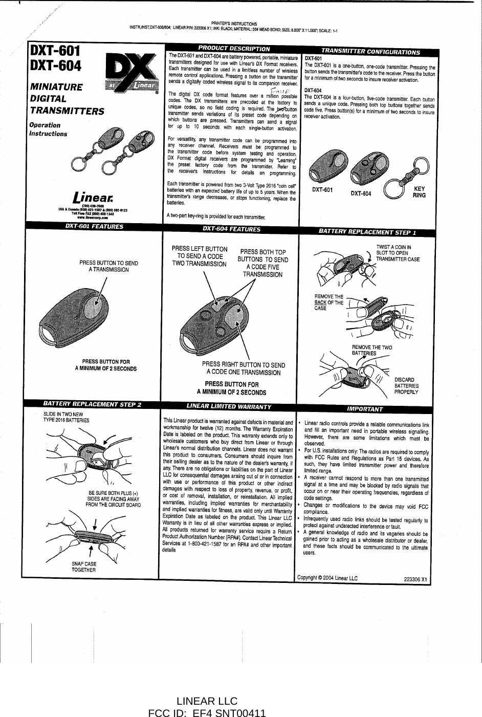  LINEAR LLC   FCC ID:  EF4 SNT00411     