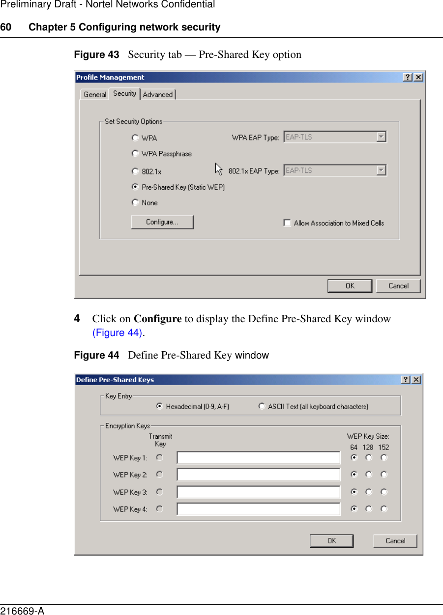 60 Chapter 5 Configuring network security216669-APreliminary Draft - Nortel Networks ConfidentialFigure 43   Security tab — Pre-Shared Key option4Click on Configure to display the Define Pre-Shared Key window (Figure 44).Figure 44   Define Pre-Shared Key window