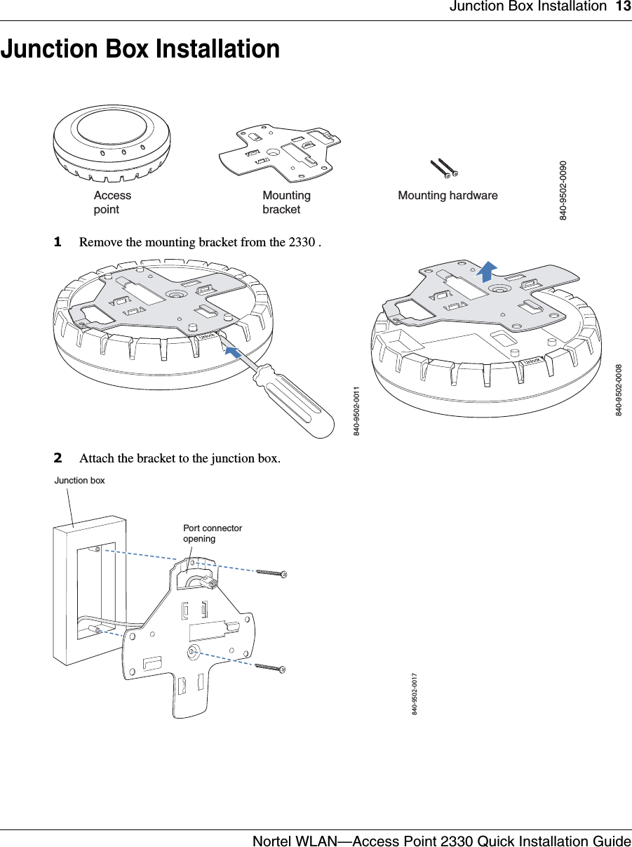 Junction Box Installation 13Nortel WLAN—Access Point 2330 Quick Installation Guide  Junction Box Installation1Remove the mounting bracket from the 2330 .2Attach the bracket to the junction box.Mounting hardwareMountingbracketAccesspoint840-9502-0090840-9502-0011840-9502-0008840-9502-0017Junction boxPort connectoropening