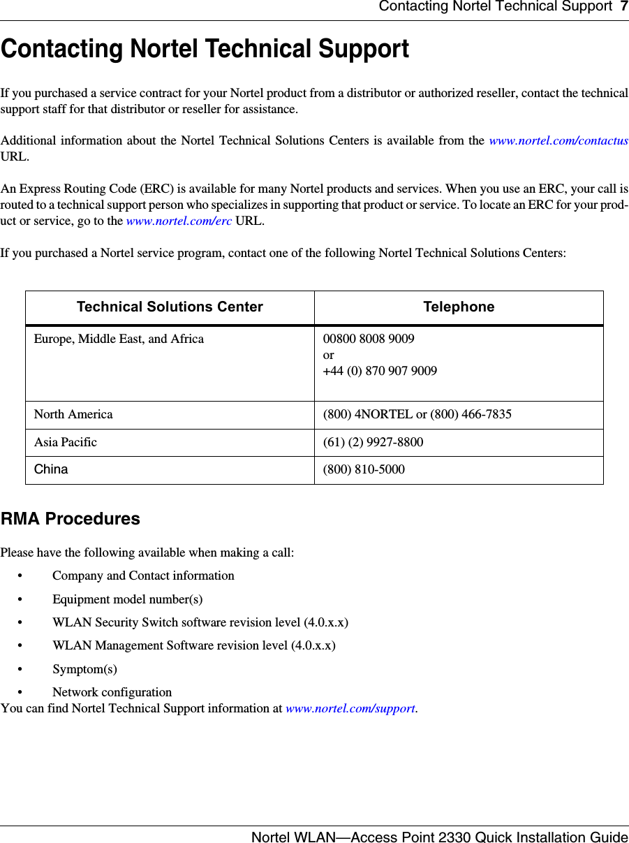 Contacting Nortel Technical Support 7Nortel WLAN—Access Point 2330 Quick Installation Guide  Contacting Nortel Technical SupportIf you purchased a service contract for your Nortel product from a distributor or authorized reseller, contact the technicalsupport staff for that distributor or reseller for assistance.Additional information about the Nortel Technical Solutions Centers is available from the www.nortel.com/contactusURL.An Express Routing Code (ERC) is available for many Nortel products and services. When you use an ERC, your call isrouted to a technical support person who specializes in supporting that product or service. To locate an ERC for your prod-uct or service, go to the www.nortel.com/erc URL.If you purchased a Nortel service program, contact one of the following Nortel Technical Solutions Centers:RMA ProceduresPlease have the following available when making a call:• Company and Contact information• Equipment model number(s)• WLAN Security Switch software revision level (4.0.x.x)• WLAN Management Software revision level (4.0.x.x)• Symptom(s) • Network configurationYou can find Nortel Technical Support information at www.nortel.com/support.Technical Solutions Center TelephoneEurope, Middle East, and Africa 00800 8008 9009or+44 (0) 870 907 9009North America (800) 4NORTEL or (800) 466-7835Asia Pacific (61) (2) 9927-8800China (800) 810-5000 