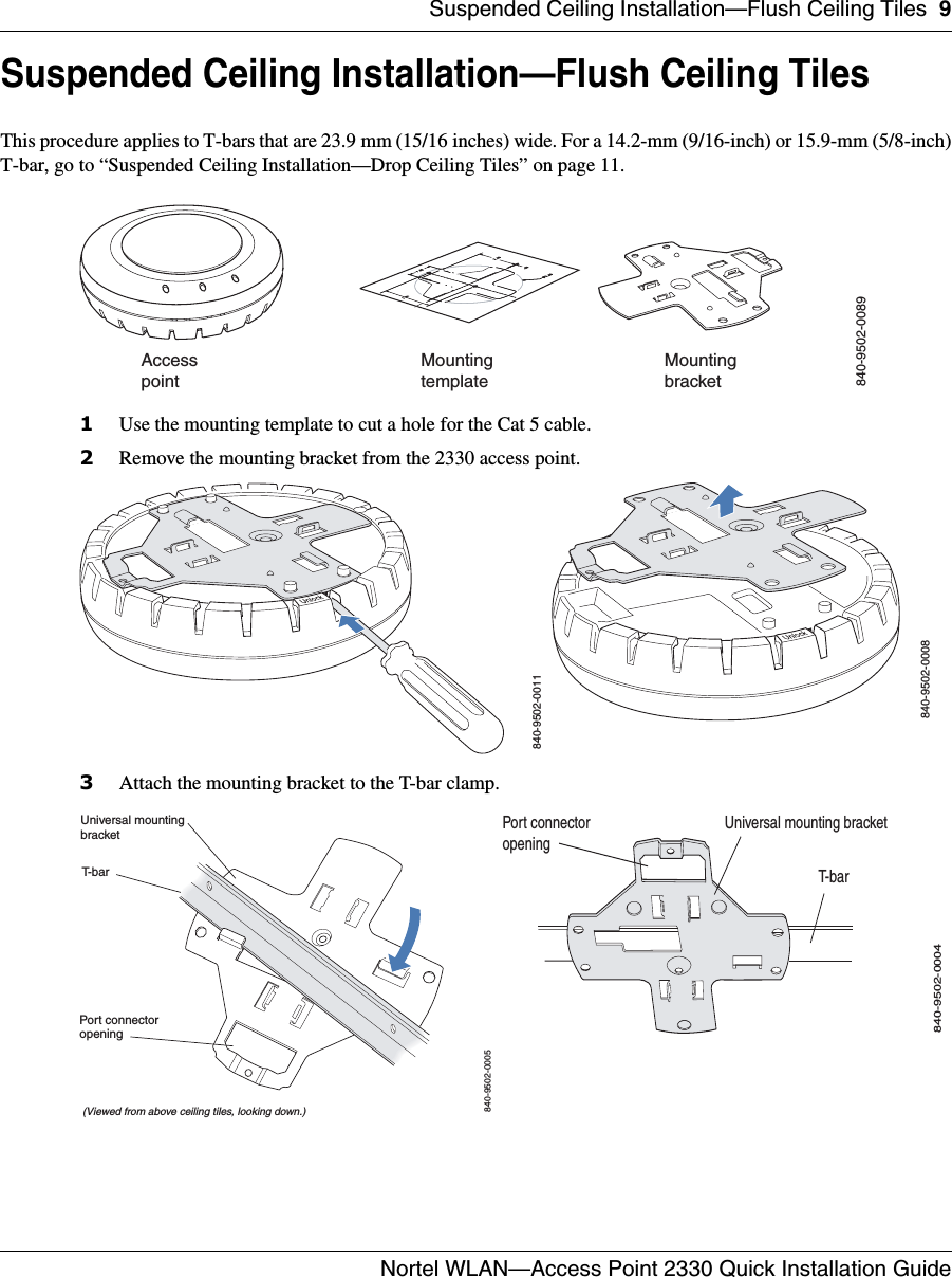 Suspended Ceiling Installation—Flush Ceiling Tiles 9Nortel WLAN—Access Point 2330 Quick Installation Guide  Suspended Ceiling Installation—Flush Ceiling TilesThis procedure applies to T-bars that are 23.9 mm (15/16 inches) wide. For a 14.2-mm (9/16-inch) or 15.9-mm (5/8-inch)T-bar, go to “Suspended Ceiling Installation—Drop Ceiling Tiles” on page 11.1Use the mounting template to cut a hole for the Cat 5 cable. 2Remove the mounting bracket from the 2330 access point.3Attach the mounting bracket to the T-bar clamp.MountingbracketMountingtemplateAccesspoint840-9502-0089840-9502-0011840-9502-0008T- b a r(Viewed from above ceiling tiles, looking down.)840-9502-0005Universal mountingbracketPort connectoropeningT- b a rUniversal mounting bracket840-9502-0004Port connectoropening