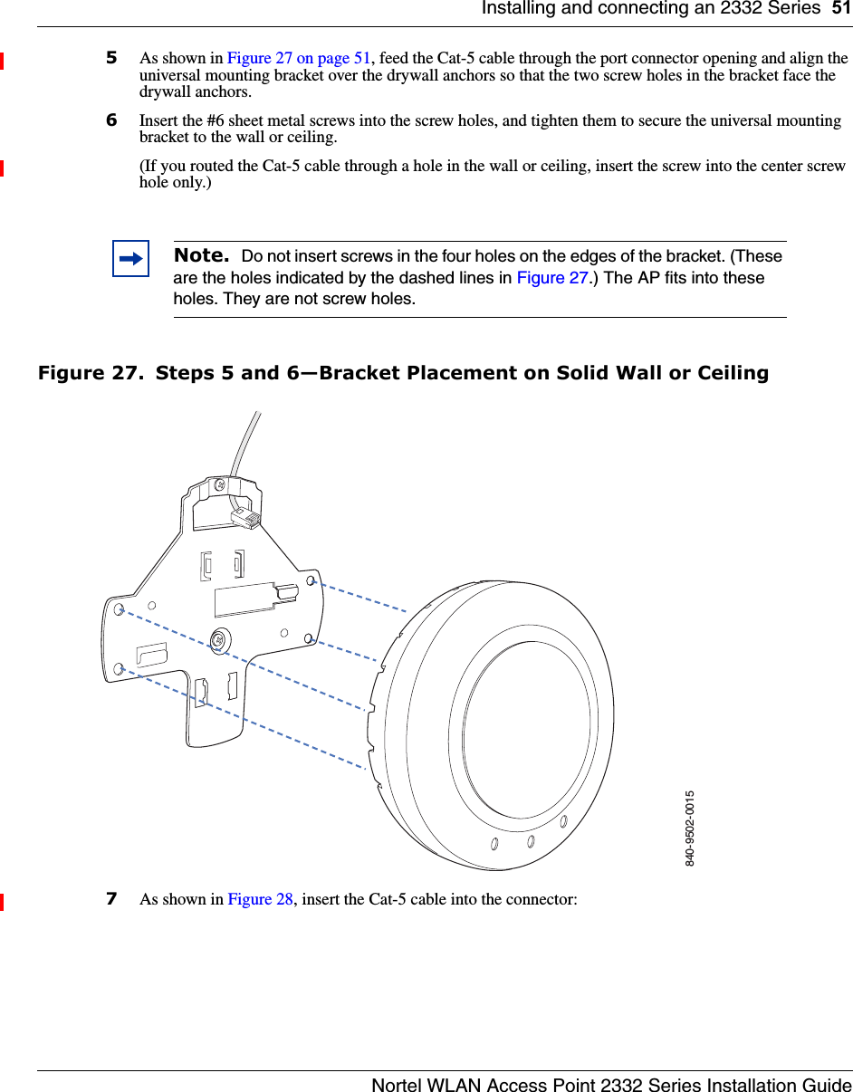 Installing and connecting an 2332 Series 51Nortel WLAN Access Point 2332 Series Installation Guide5As shown in Figure 27 on page 51, feed the Cat-5 cable through the port connector opening and align the universal mounting bracket over the drywall anchors so that the two screw holes in the bracket face the drywall anchors.6Insert the #6 sheet metal screws into the screw holes, and tighten them to secure the universal mounting bracket to the wall or ceiling. (If you routed the Cat-5 cable through a hole in the wall or ceiling, insert the screw into the center screw hole only.) Figure 27. Steps 5 and 6—Bracket Placement on Solid Wall or Ceiling7As shown in Figure 28, insert the Cat-5 cable into the connector:Note.  Do not insert screws in the four holes on the edges of the bracket. (These are the holes indicated by the dashed lines in Figure 27.) The AP fits into these holes. They are not screw holes.840-9502-0015