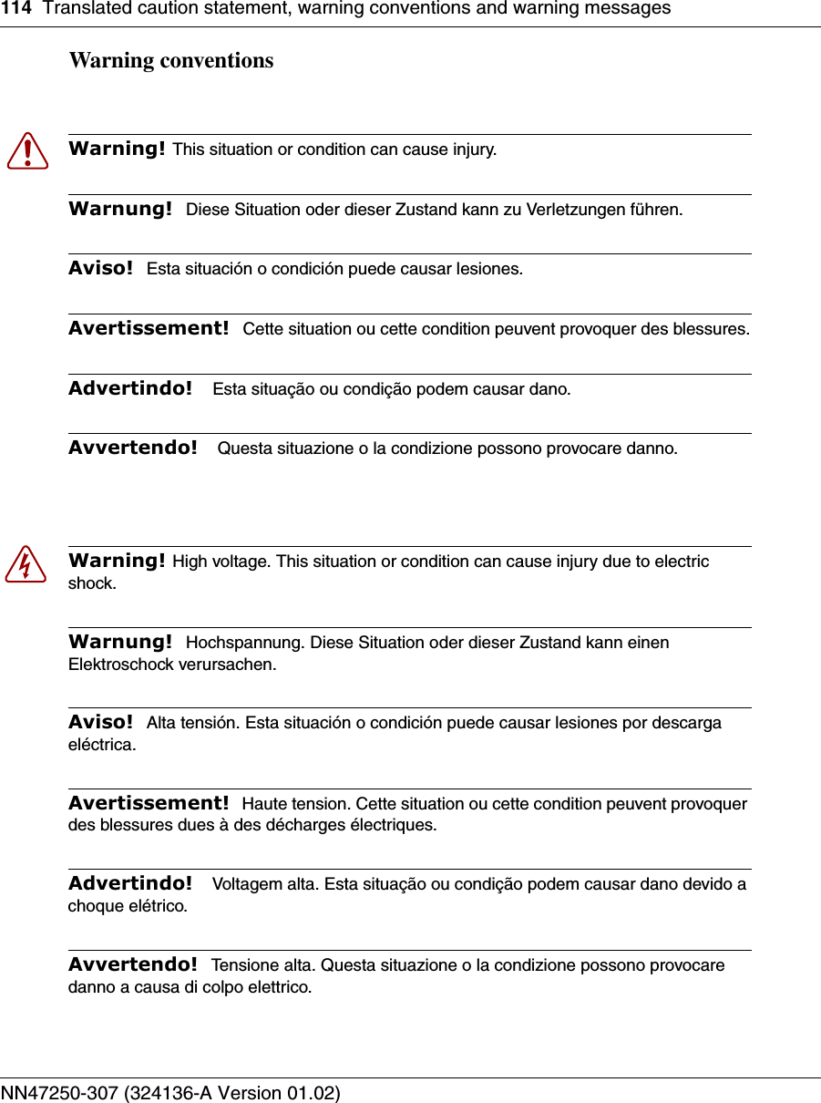 114 Translated caution statement, warning conventions and warning messagesNN47250-307 (324136-A Version 01.02)Warning conventionsWarning! This situation or condition can cause injury.Warnung!  Diese Situation oder dieser Zustand kann zu Verletzungen führen.Aviso!  Esta situación o condición puede causar lesiones.Avertissement!  Cette situation ou cette condition peuvent provoquer des blessures.Advertindo!   Esta situação ou condição podem causar dano.Avvertendo!   Questa situazione o la condizione possono provocare danno.Warning! High voltage. This situation or condition can cause injury due to electric shock.Warnung!  Hochspannung. Diese Situation oder dieser Zustand kann einen Elektroschock verursachen.Aviso!  Alta tensión. Esta situación o condición puede causar lesiones por descarga eléctrica. Avertissement!  Haute tension. Cette situation ou cette condition peuvent provoquer des blessures dues à des décharges électriques.Advertindo!   Voltagem alta. Esta situação ou condição podem causar dano devido a choque elétrico.Avvertendo!  Tensione alta. Questa situazione o la condizione possono provocare danno a causa di colpo elettrico.